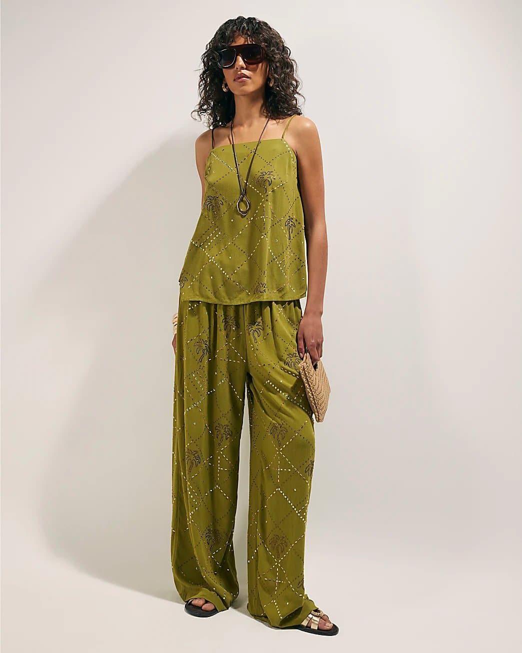 River Island River Island Womens Green Palm Embellished Trousers