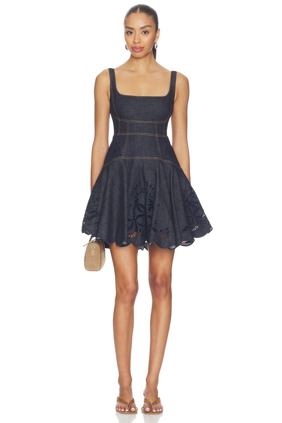 Revolve Indigo Denim Bow Embroidered Mini Dress