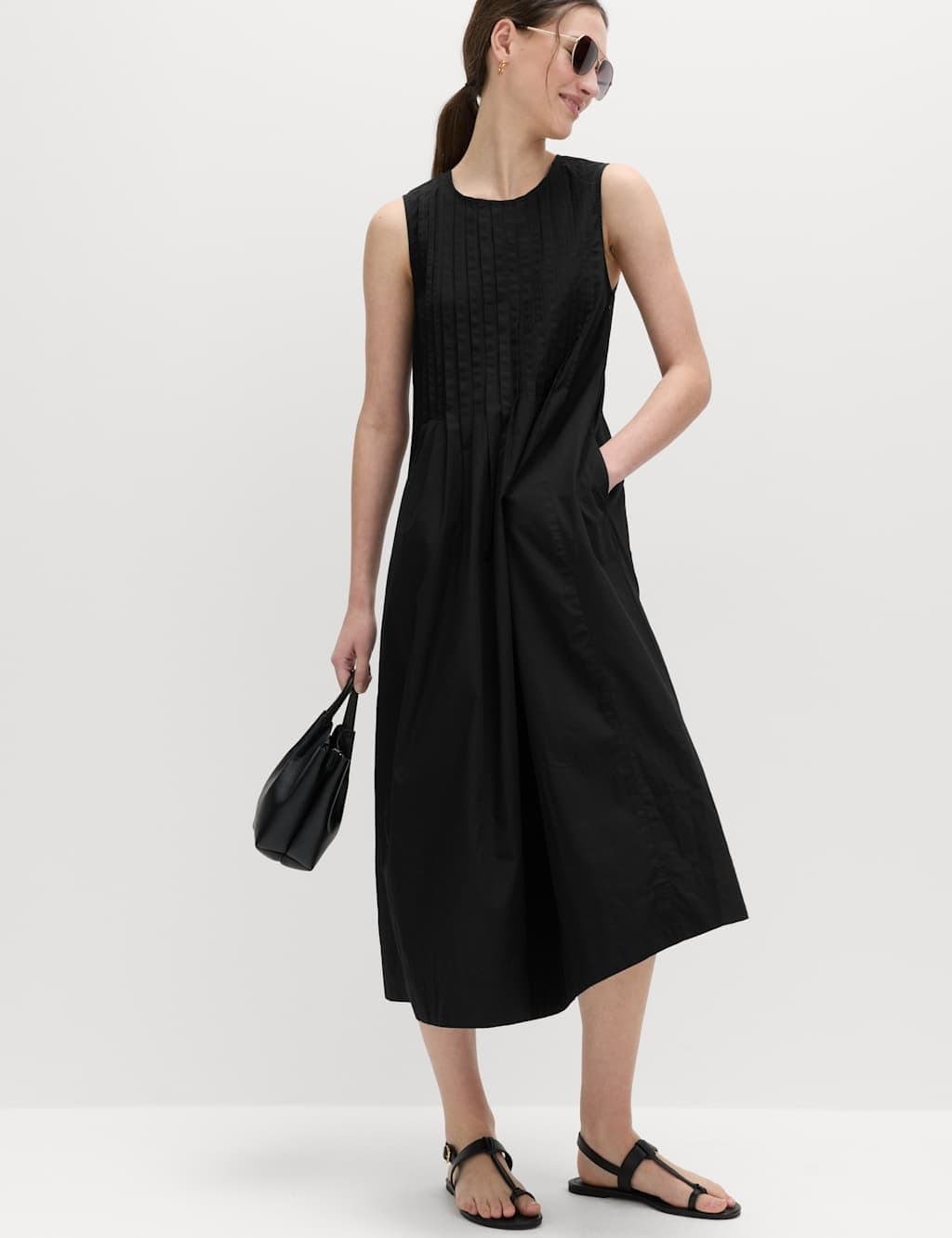 Marks & Spencer M&S Pure Cotton Pintuck Midi Relaxed Dress Black