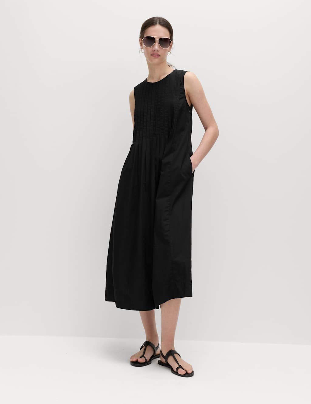 Marks & Spencer M&S Pure Cotton Pintuck Midi Relaxed Dress Black - 3