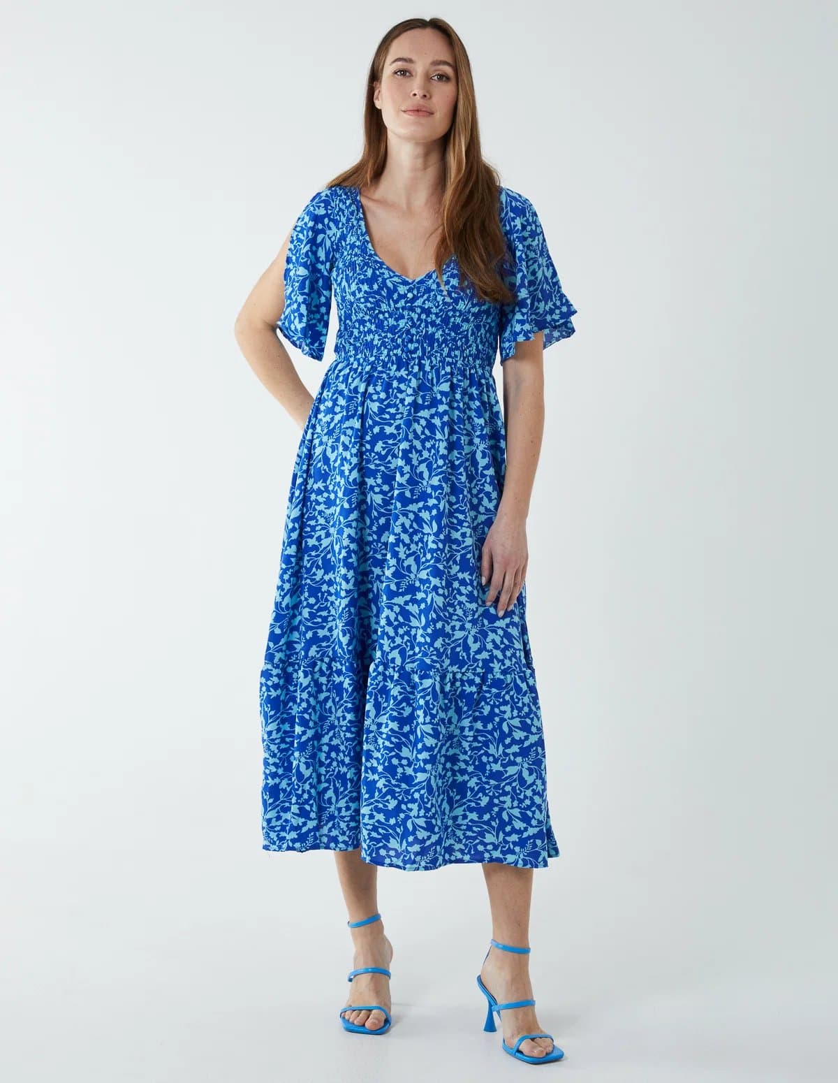 Blue Vanilla Floral Midi Dress With Angel Sleeve