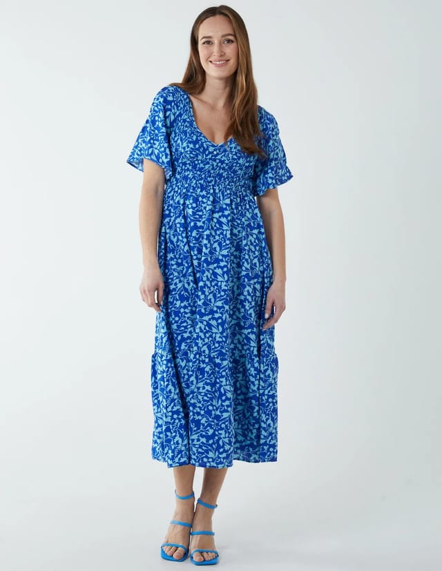 Blue Vanilla Floral Midi Dress With Angel Sleeve - 3