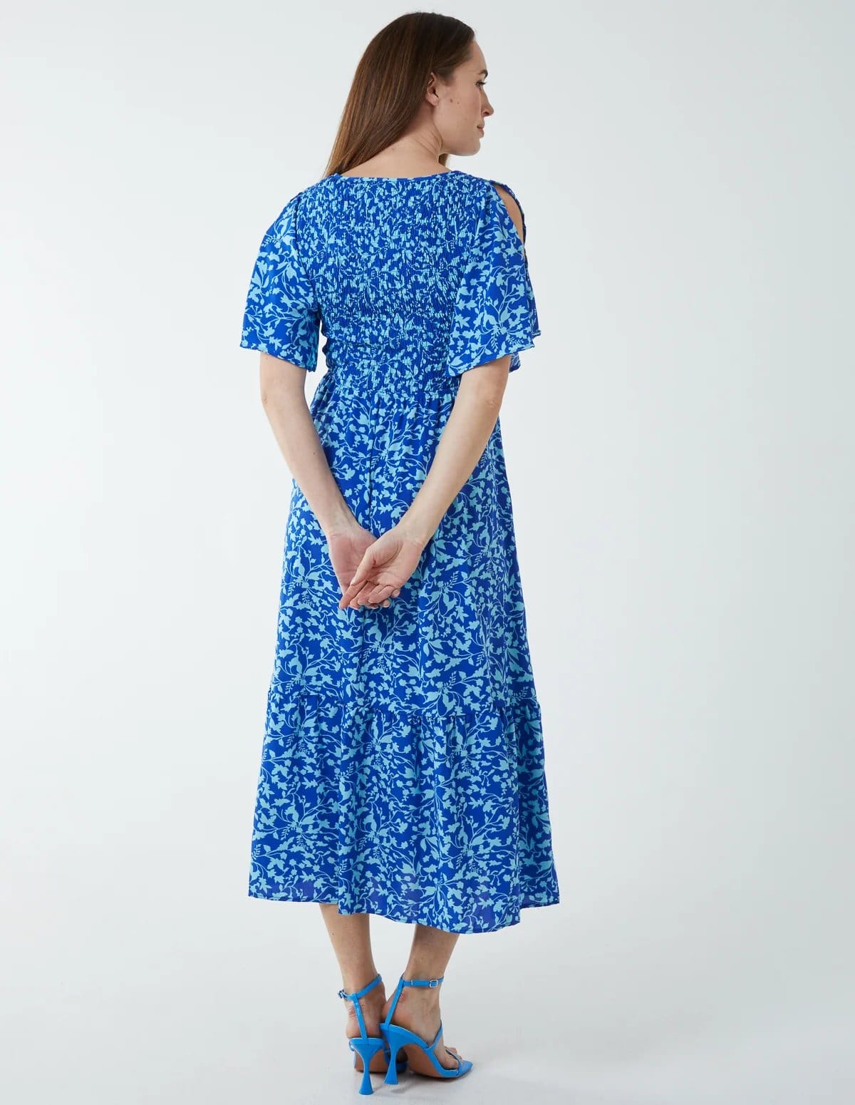 Blue Vanilla Floral Midi Dress With Angel Sleeve - 4
