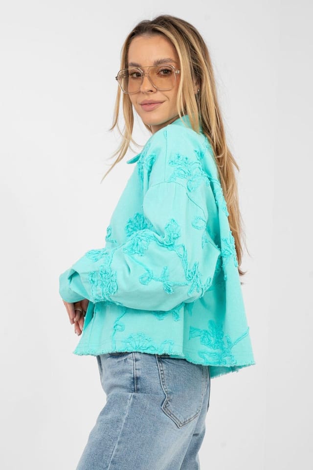 Love Lace Love Lace Women's Frayed Denim Jacket Flower Embroidery in Aqua - 2