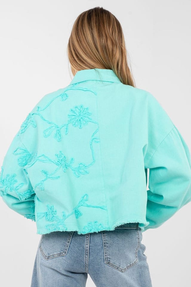 Love Lace Love Lace Women's Frayed Denim Jacket Flower Embroidery in Aqua - 3