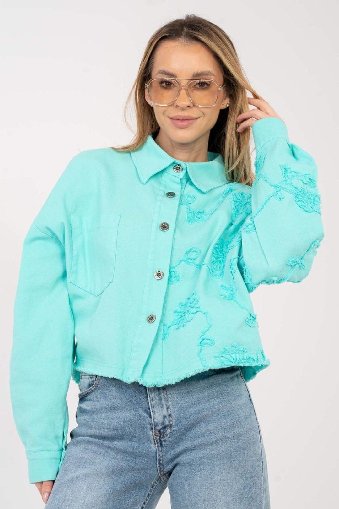 Love Lace Love Lace Women's Frayed Denim Jacket Flower Embroidery in Aqua - 4
