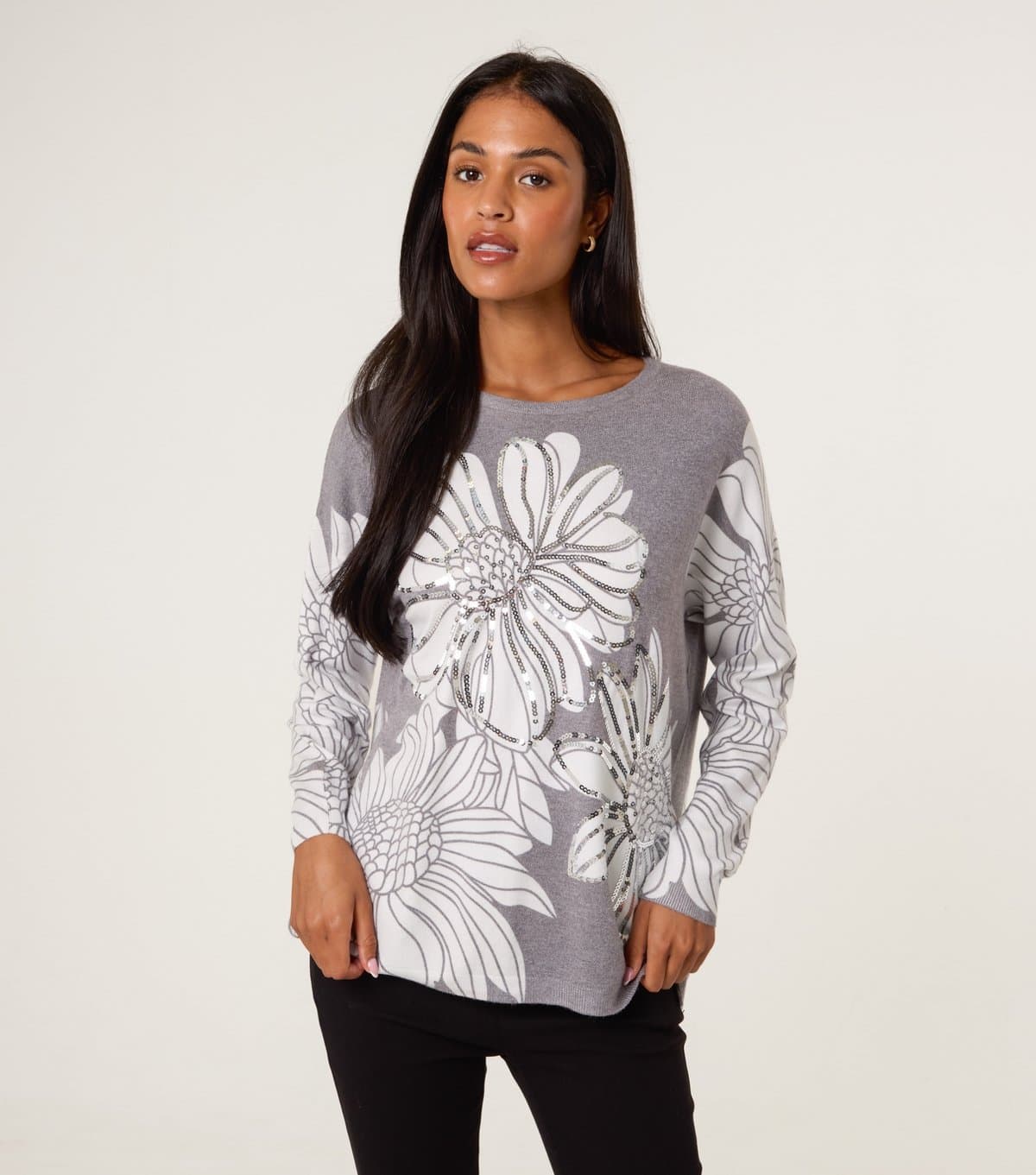 Blue Vanilla Women's Grey Floral Sequin Embellished Jumper Blue Vanilla New Look