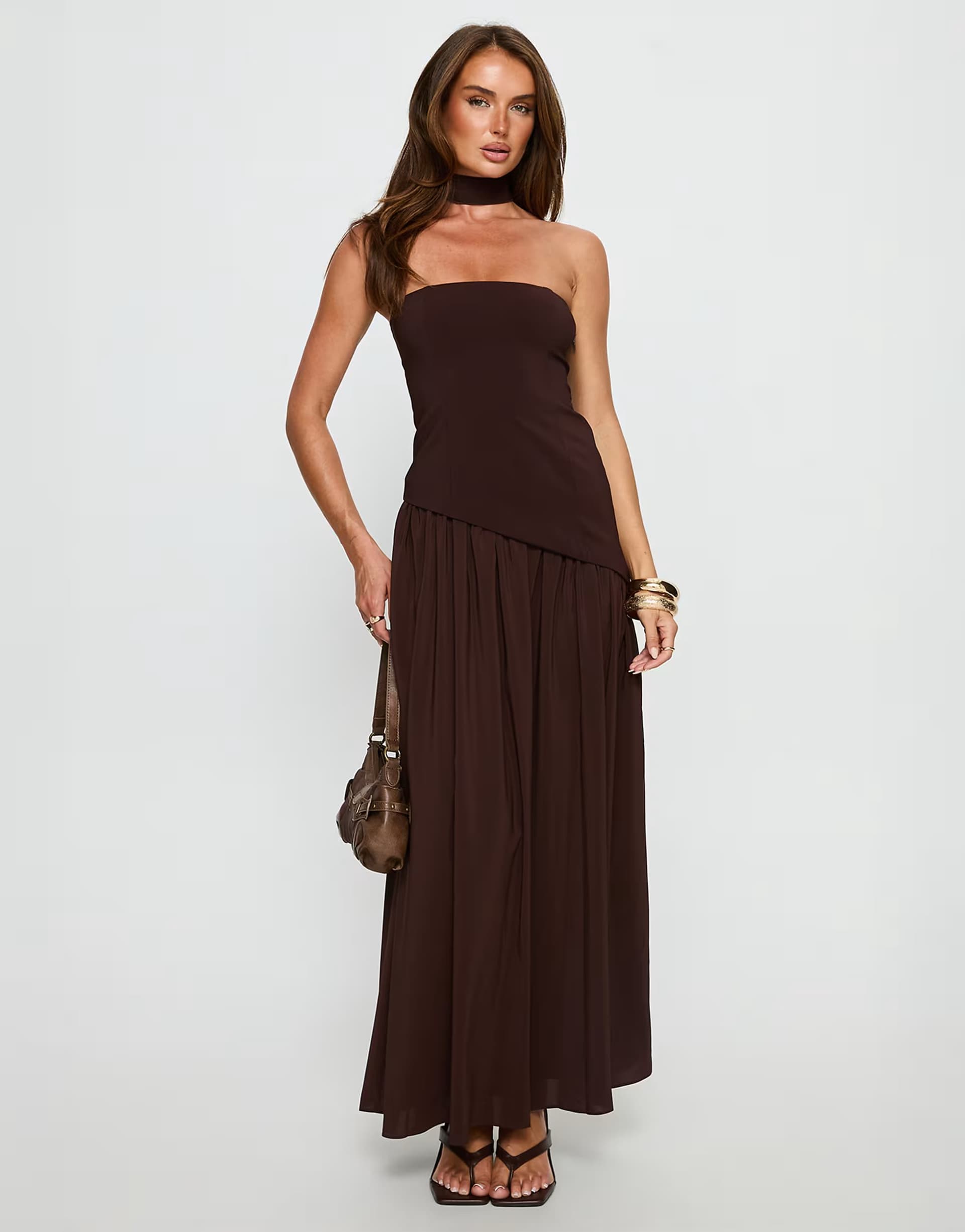 ASOS Princess Polly tailored bandeau chiffon hem scarf detail maxi dress in chocolate