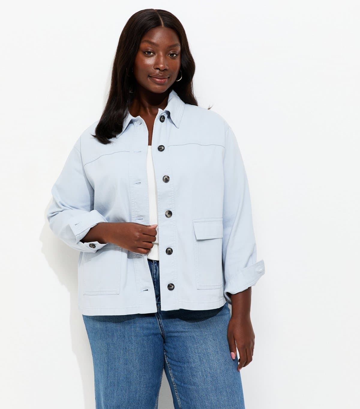 New Look Women's Plus Size Light Blue Cotton Flap Pocket Shacket Curves New Look