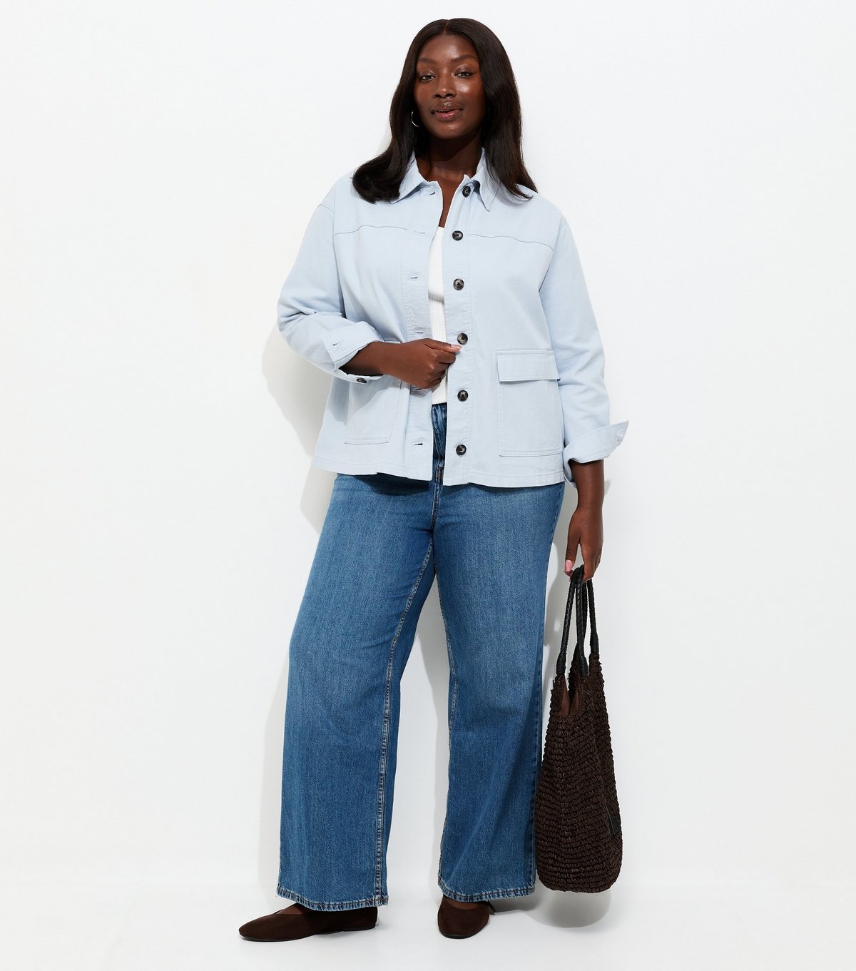 New Look Women's Plus Size Light Blue Cotton Flap Pocket Shacket Curves New Look - 2