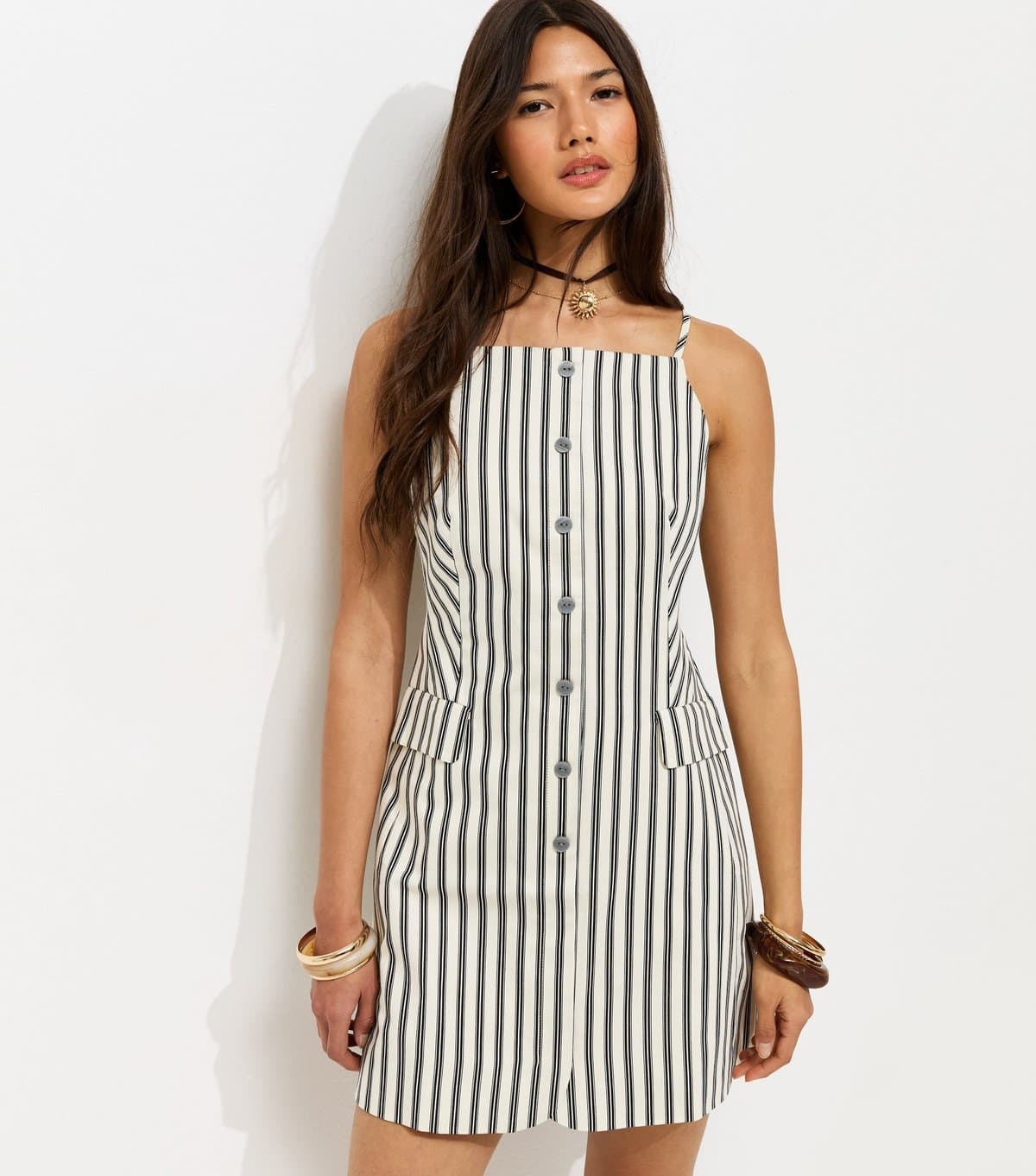 New Look Women's Cream Striped Button Through Mini Cami Dress New Look
