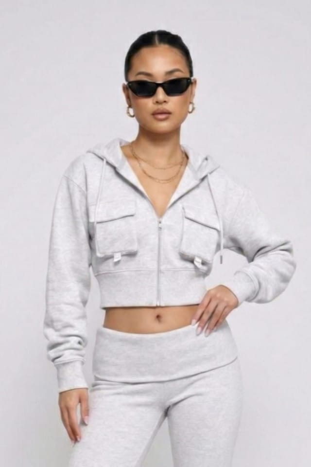 STYLEWISE STYLEWISE Women's Hooded Top & Fold Over Waist Trouser Fleece Co-ord Set in Grey - 2