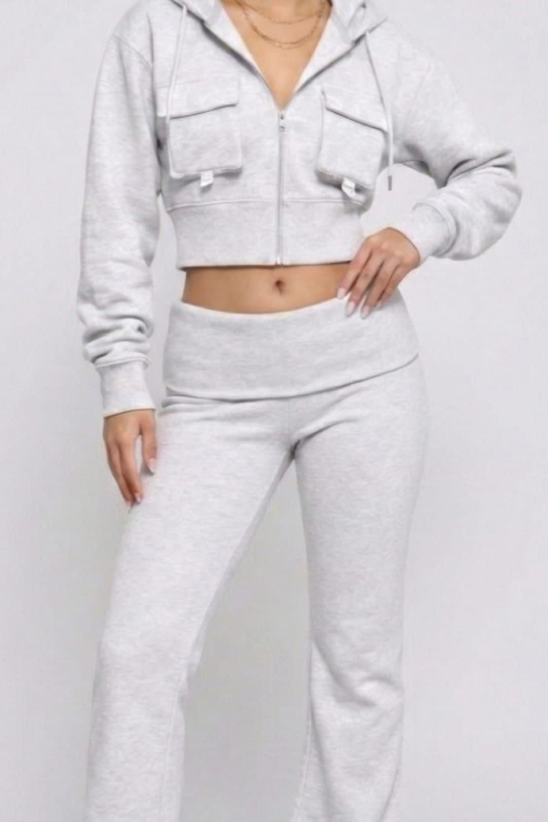 STYLEWISE STYLEWISE Women's Hooded Top & Fold Over Waist Trouser Fleece Co-ord Set in Grey - 4