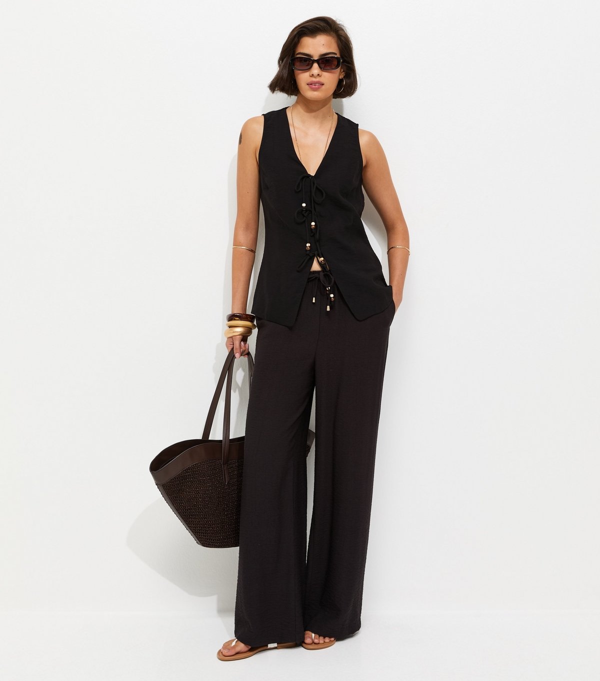 New Look Women's Black Textured Beaded Tie Waistcoat New Look - 3