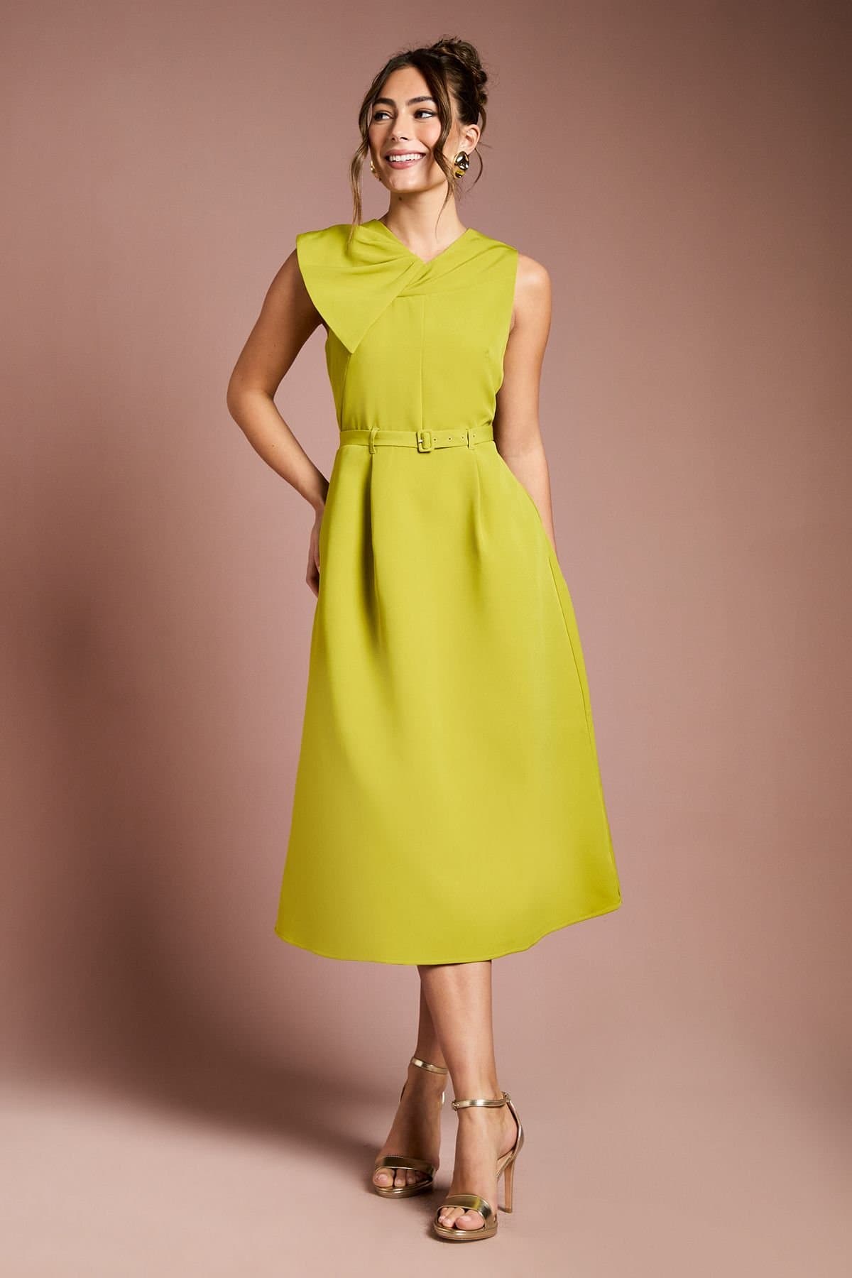 Coast Coast Women's Bow Detail Belted Crepe Midi Dress in Acid Lime