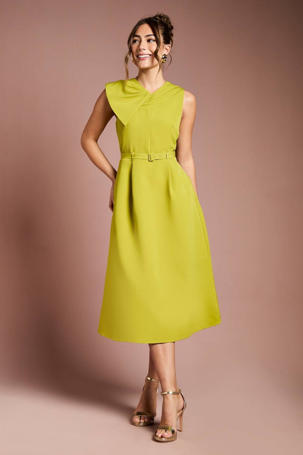 Coast Coast Women's Bow Detail Belted Crepe Midi Dress in Acid Lime - 2