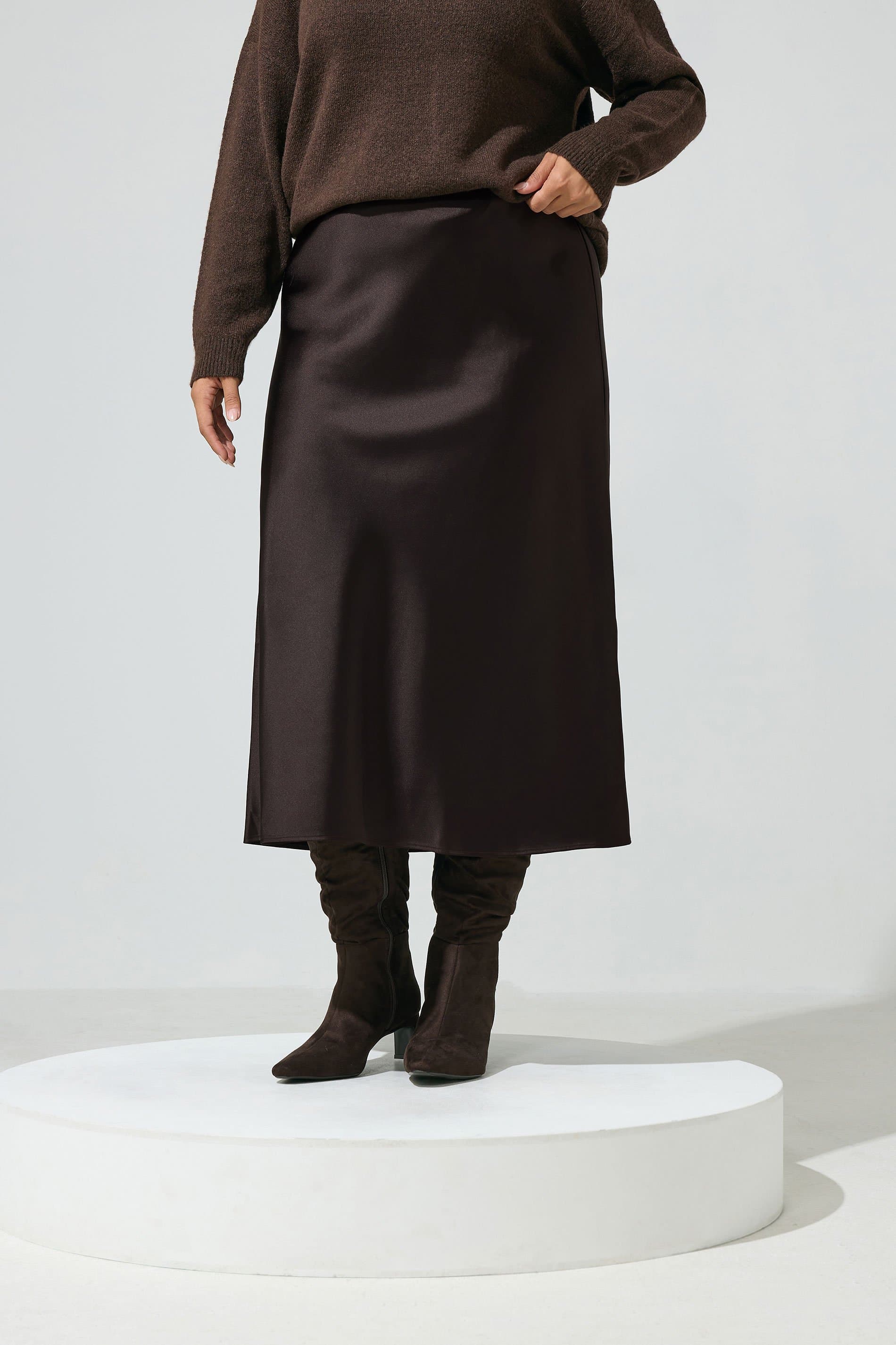 Yours London Curve Chocolate Brown Bias Cut Satin Skirt