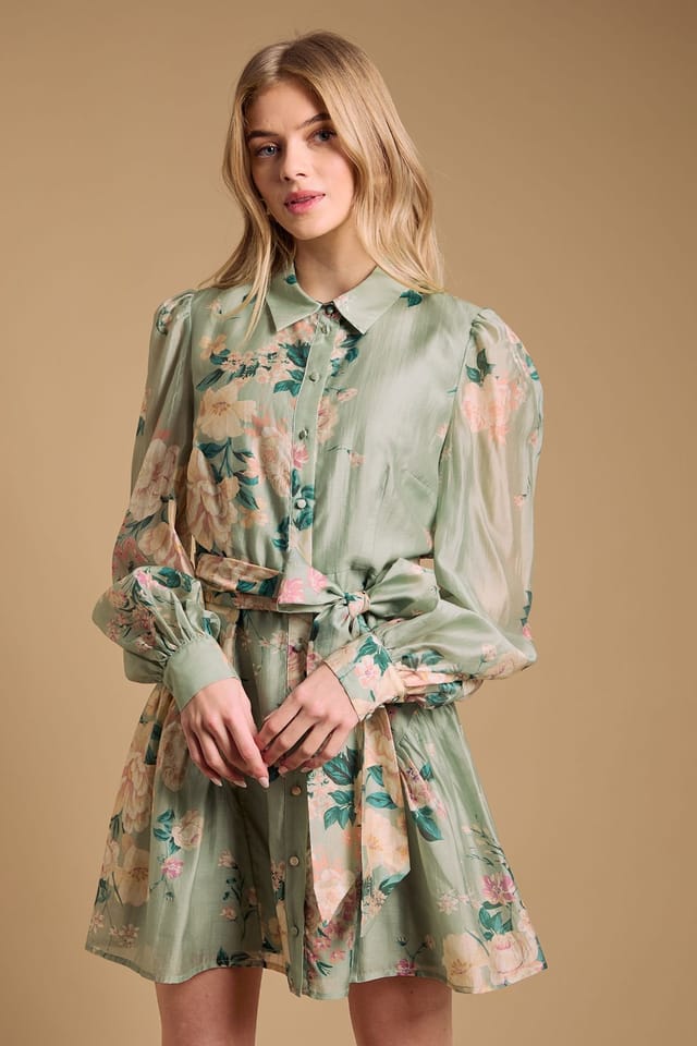 Oasis Oasis Women's Belt Detail Volume Sleeve Shirt Dress in Sage - 2