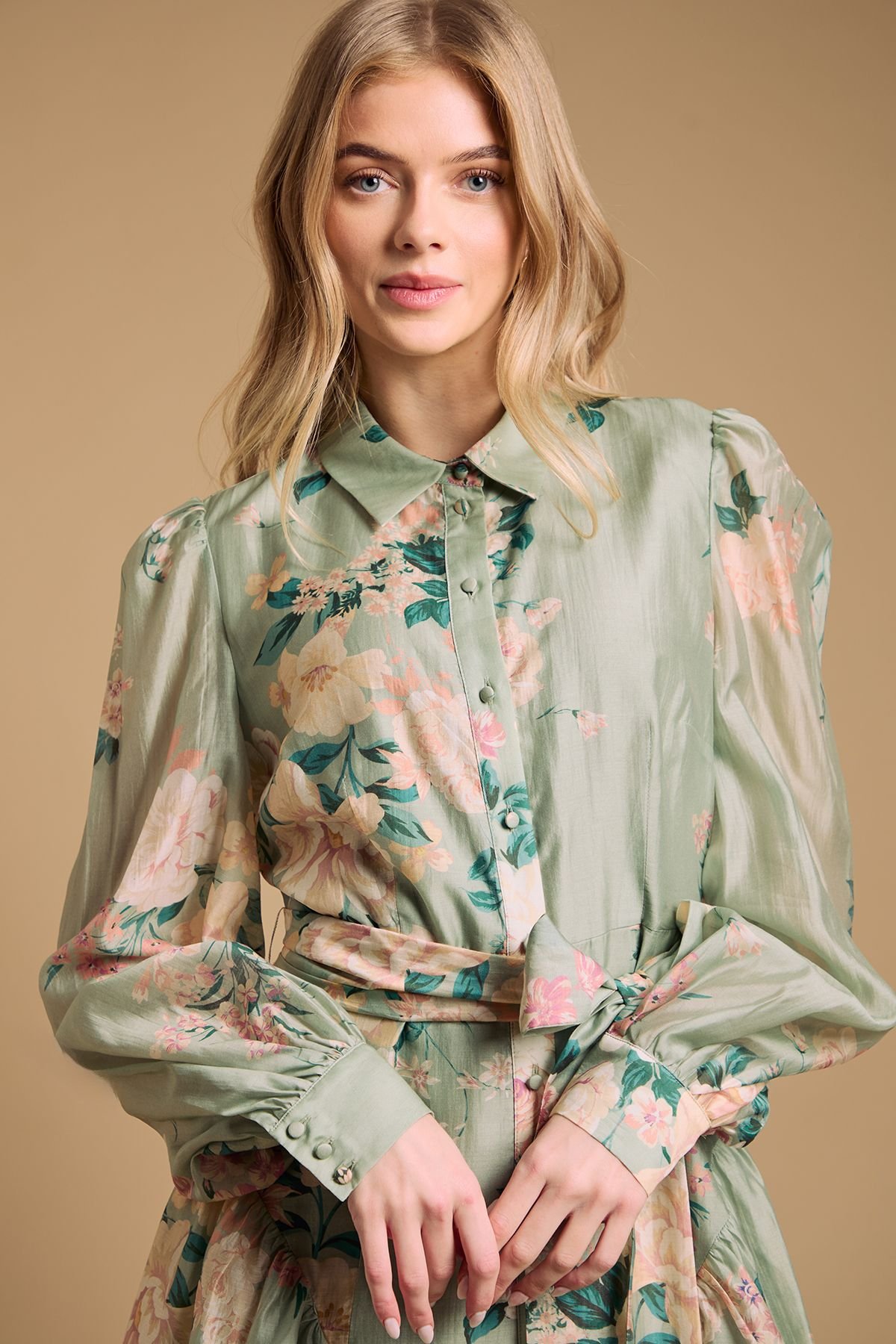 Oasis Oasis Women's Belt Detail Volume Sleeve Shirt Dress in Sage - 4