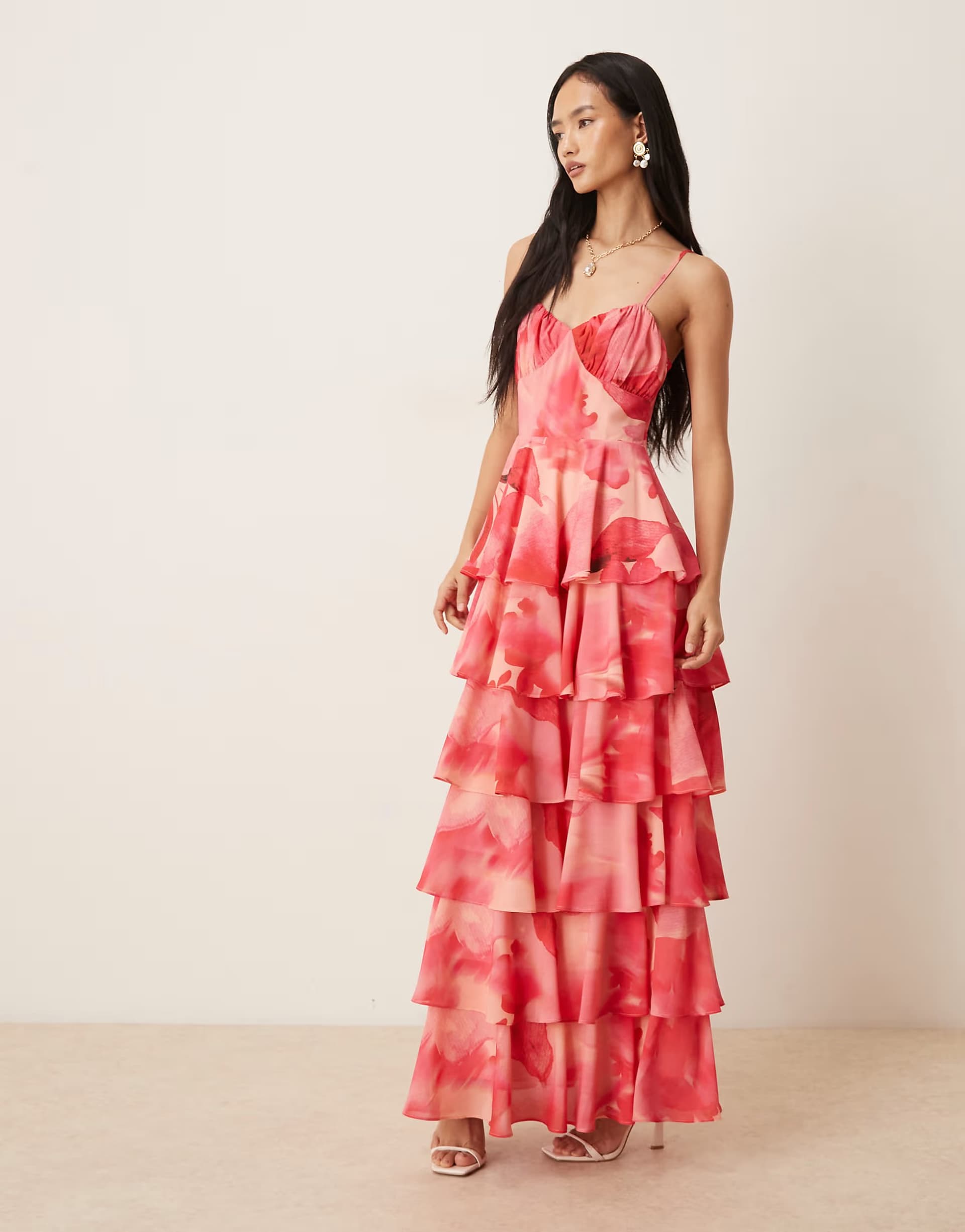 ASOS Pretty Lavish Madison ruched bust detail tiered ruffle skirt maxi dress in red and pink floral