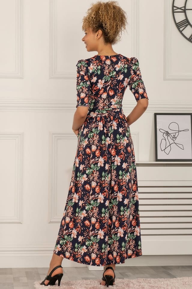 Jolie Moi Jolie Moi Women's Maanasi Ruched Sleeve Jersey Maxi Dress in Navy - 2