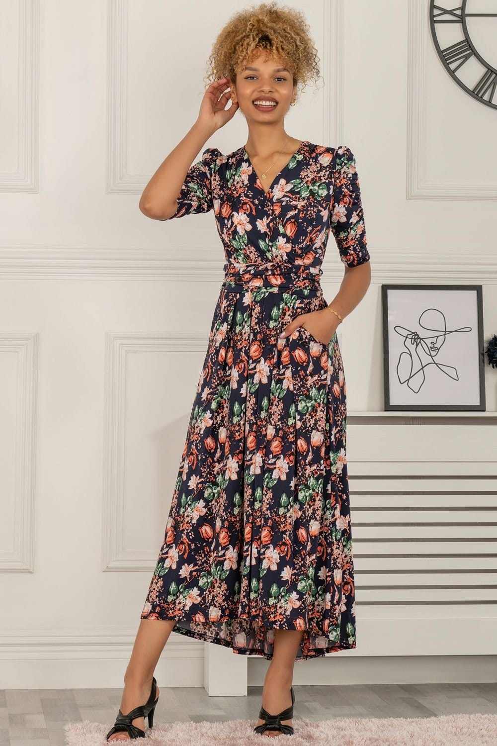 Jolie Moi Jolie Moi Women's Maanasi Ruched Sleeve Jersey Maxi Dress in Navy - 4