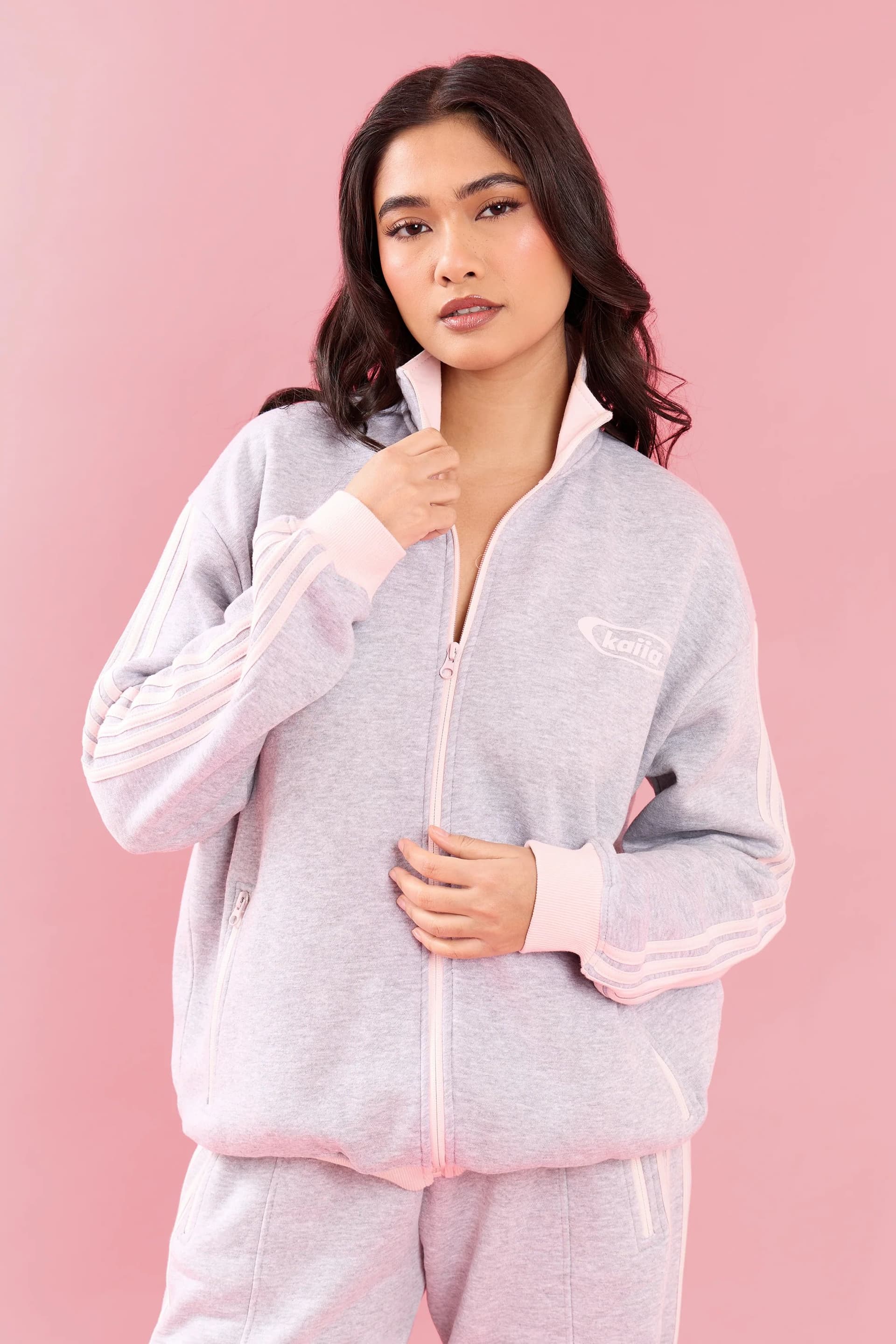 Kaiia Kaiia Collared Boxy Zip Through Sweatshirt Light Grey Marl & Pink Meringue