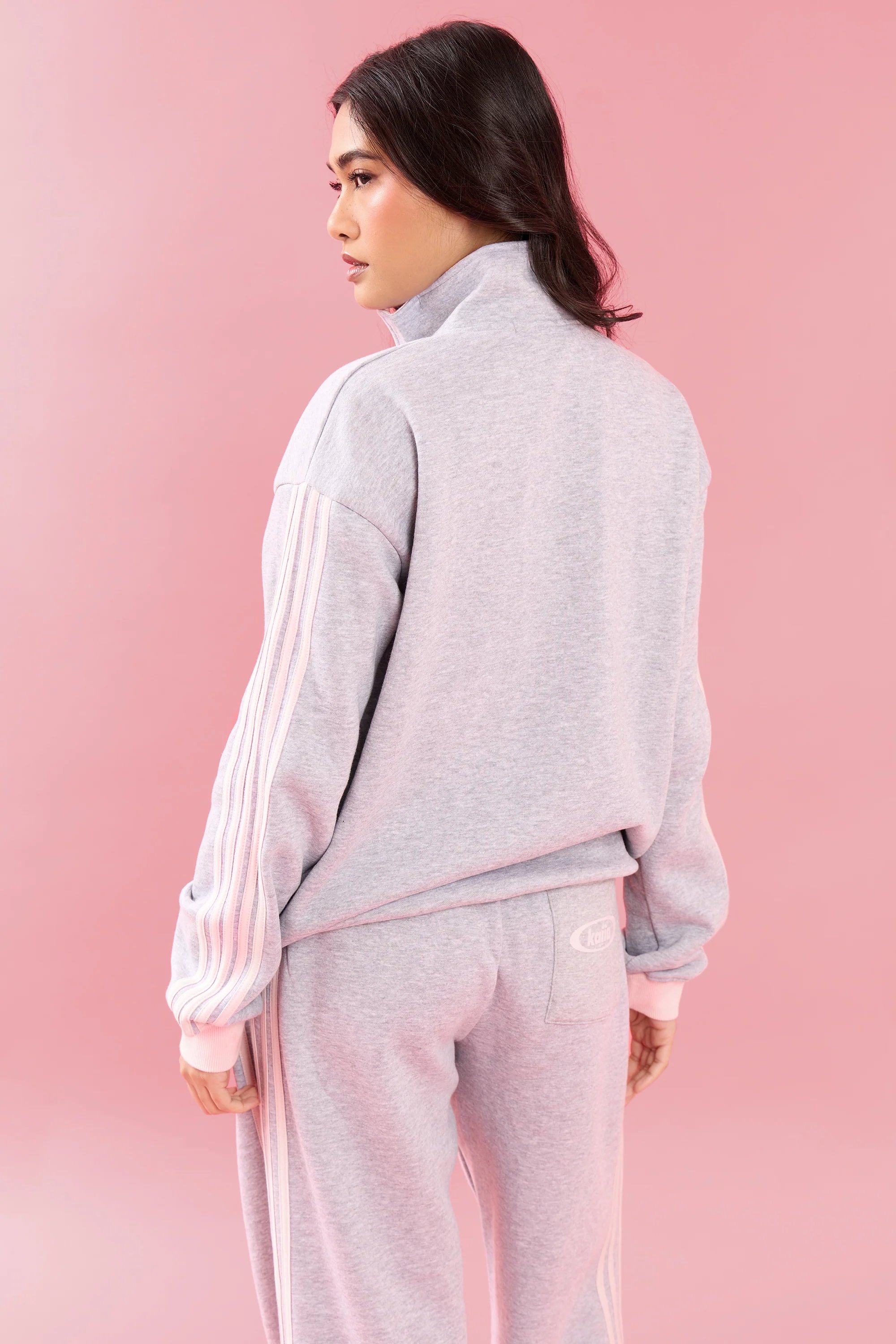 Kaiia Kaiia Collared Boxy Zip Through Sweatshirt Light Grey Marl & Pink Meringue - 4