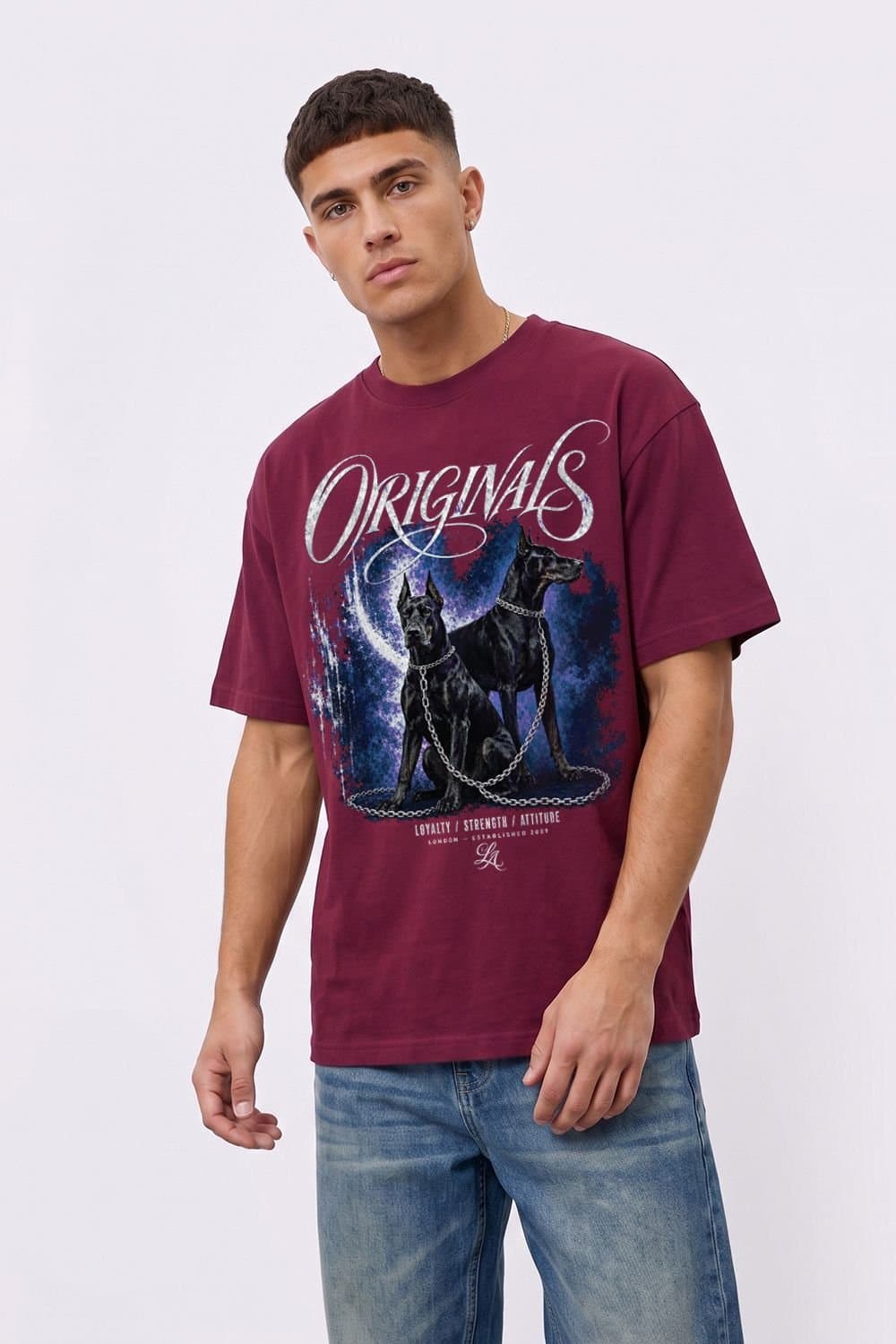 LONDON ATTITUDE LONDON ATTITUDE Men's Doberman Oversized Heavyweight Graphic T-Shirt in Burgundy