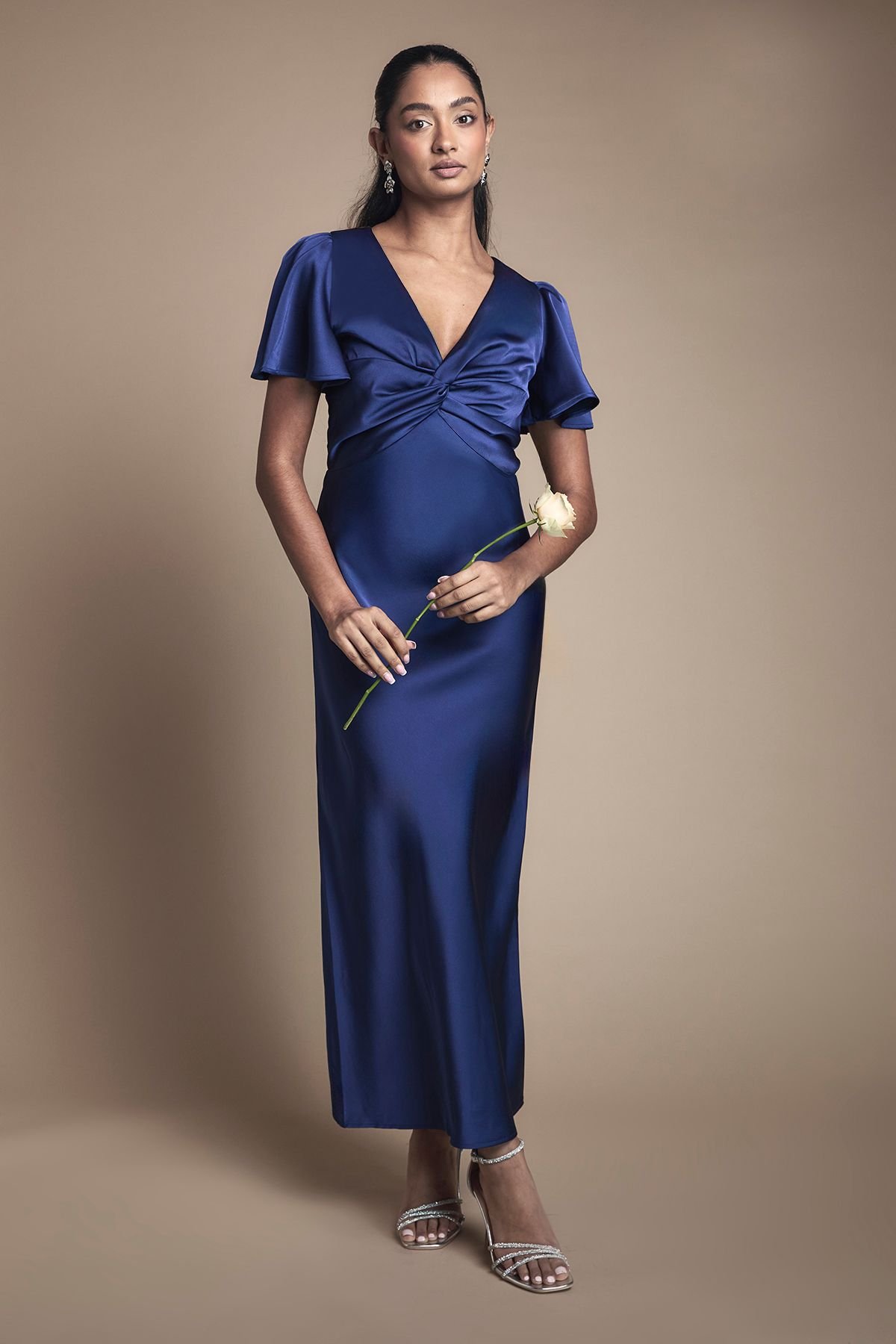 Oasis Oasis Women's Satin Twist Front Angel Sleeve Midi Bridesmaid Dress in Navy - 2