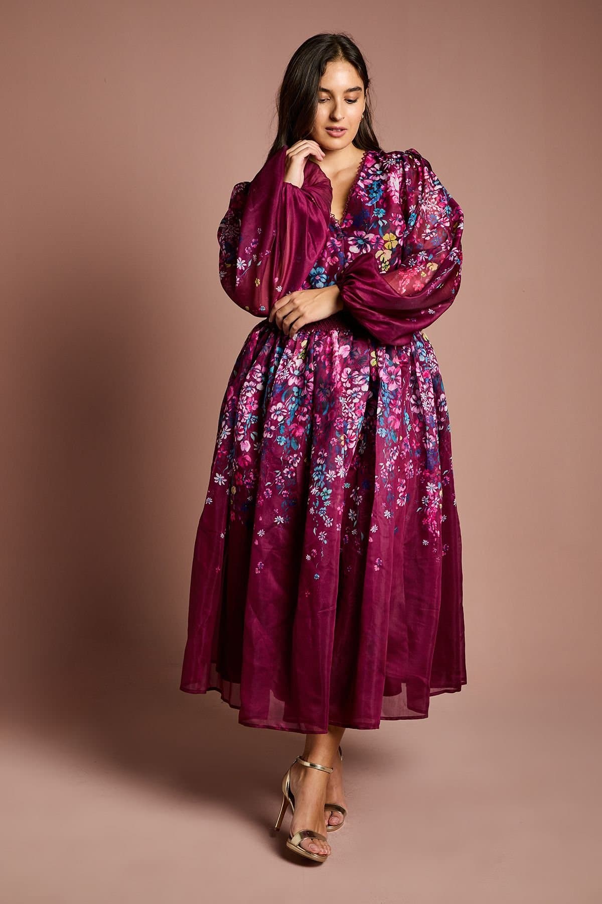 Coast Coast Women's Plus Size Organza Floral Placement Lace Trim Midaxi Dress in Plum