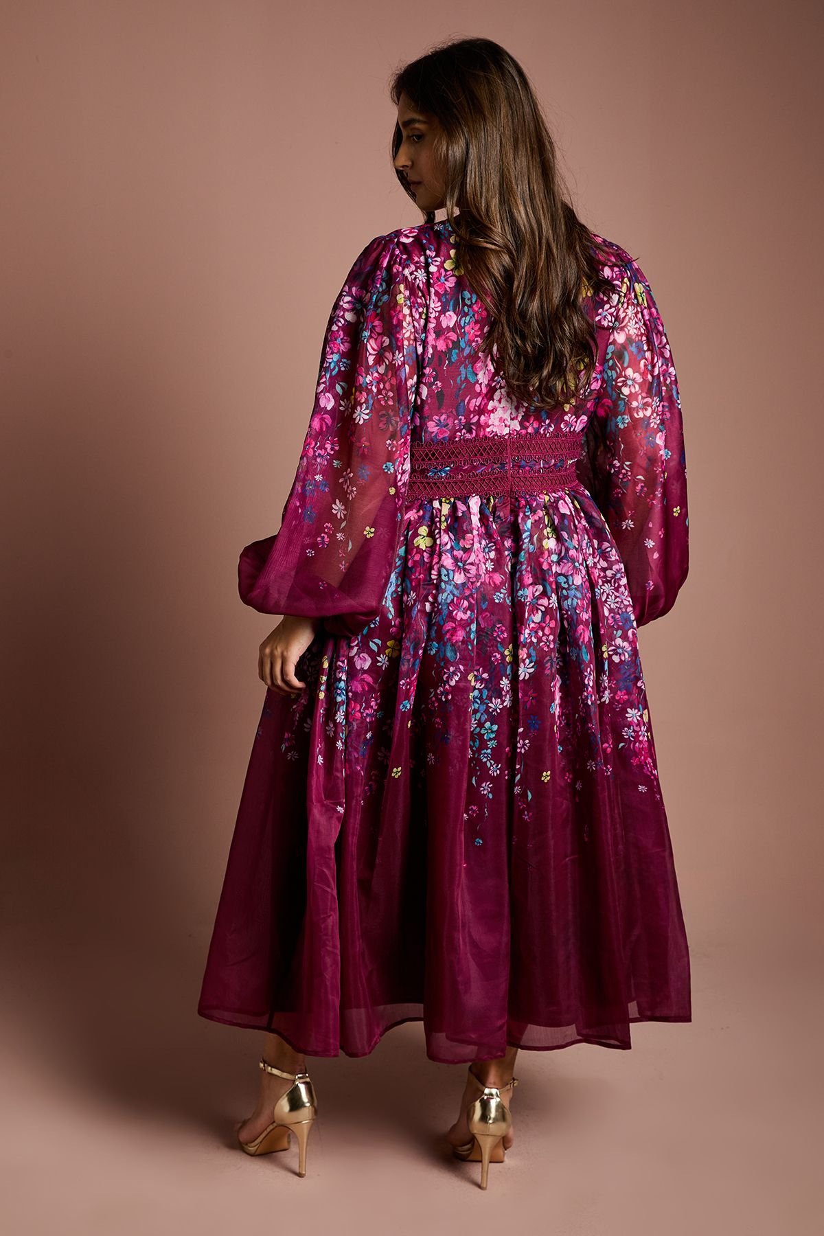 Coast Coast Women's Plus Size Organza Floral Placement Lace Trim Midaxi Dress in Plum - 3