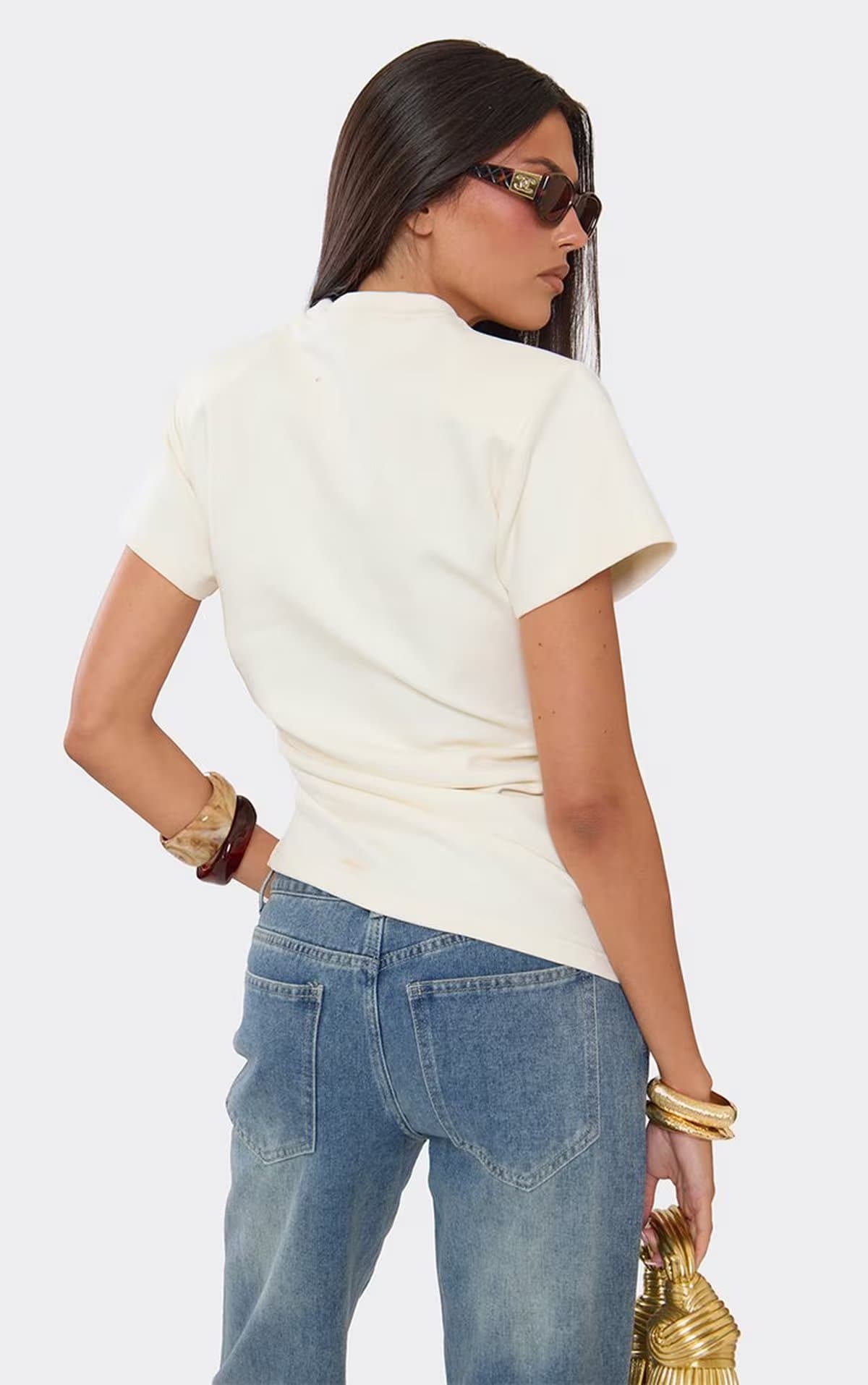 EGO Short Sleeve Shoulder Pad Ruched Detail T-Shirt In Cream, Women's Size UK 6