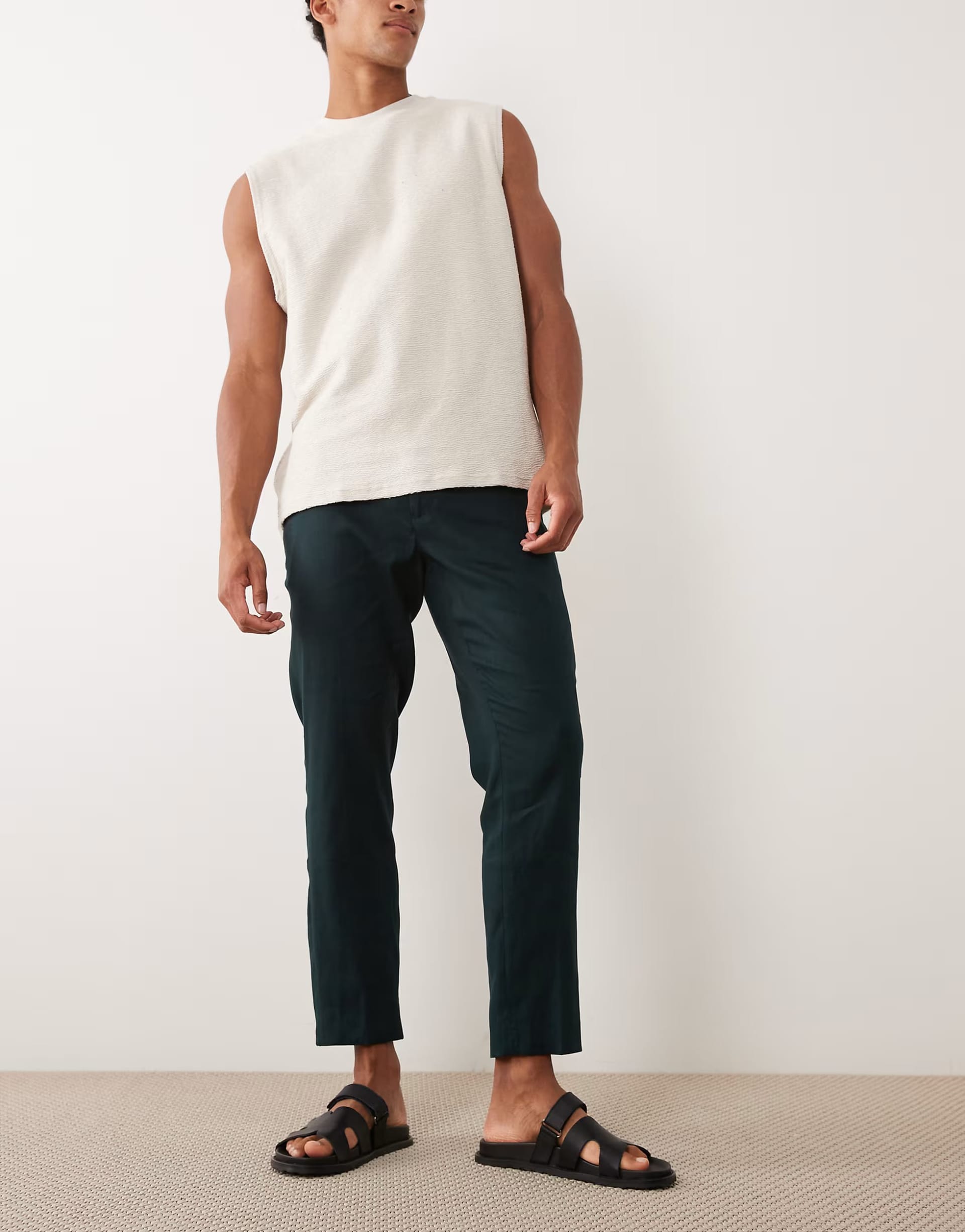 ASOS Dark Green Linen Mix Straight Leg Trousers