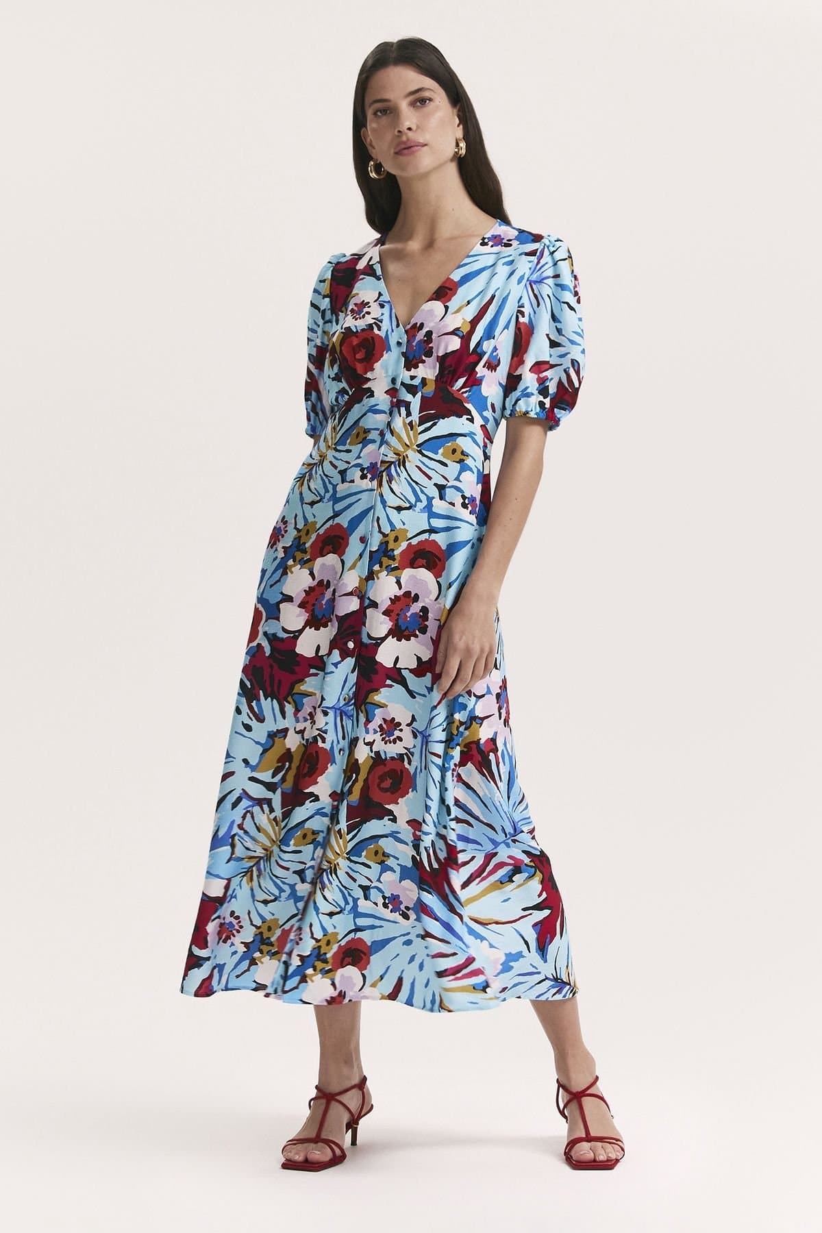 Finery London Finery London Women's Sarah Floral Button Down Midi Dress in Aqua