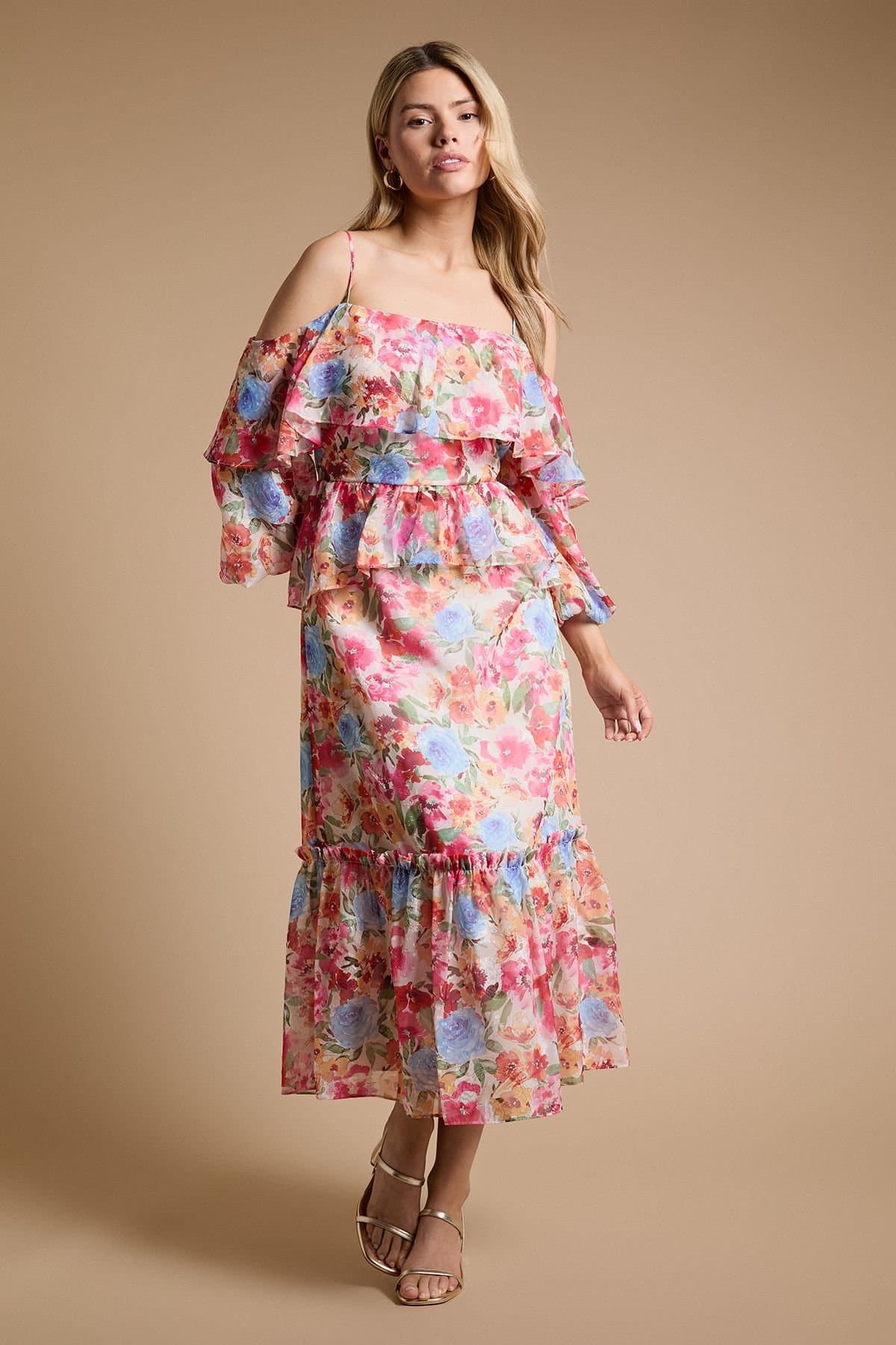 Dorothy Perkins Dorothy Perkins Women's DP Luxe Floral Ruffle Cold Shoulder Peplum Midi Dress