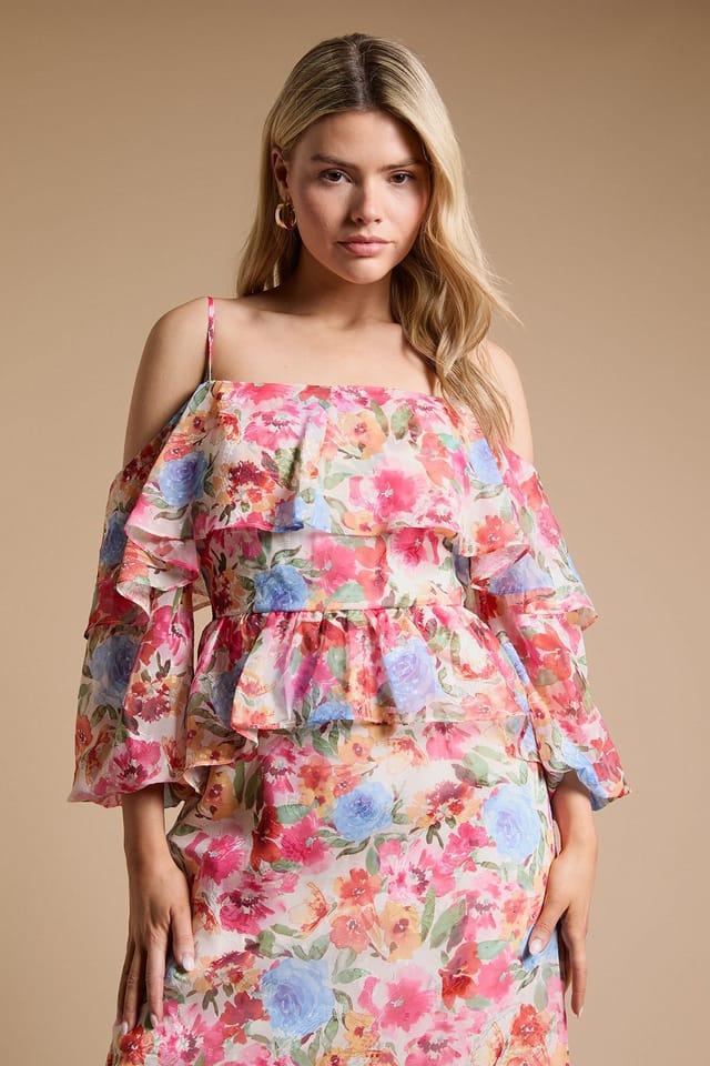 Dorothy Perkins Dorothy Perkins Women's DP Luxe Floral Ruffle Cold Shoulder Peplum Midi Dress - 2
