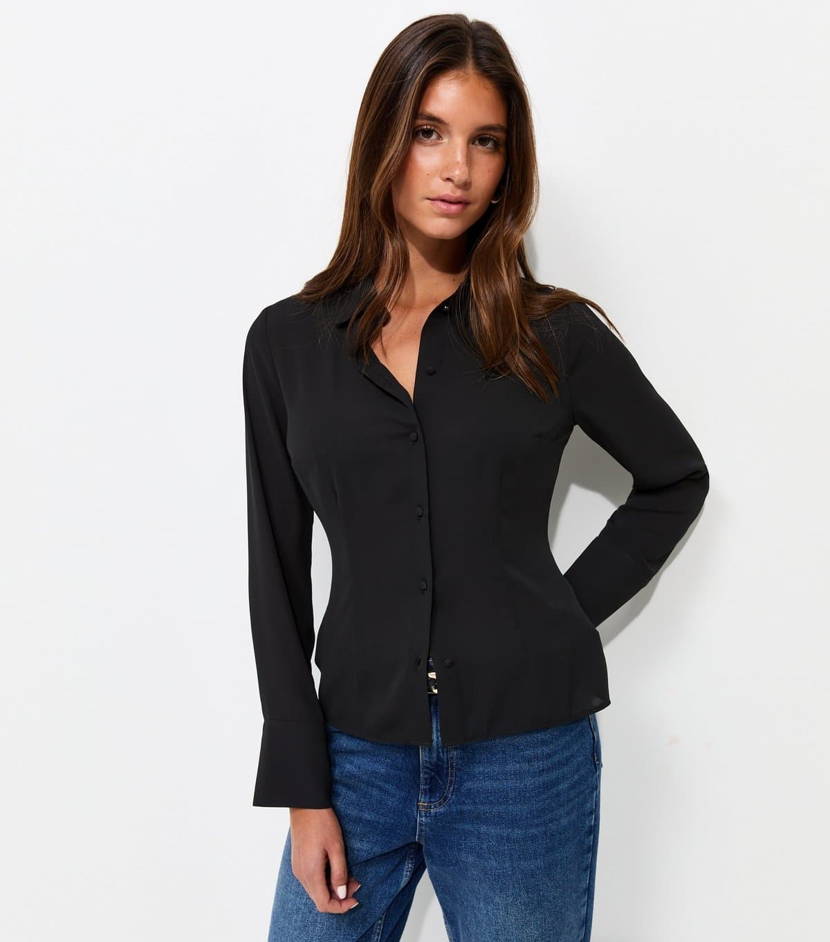 New Look Women's Black Fitted Waist Long Sleeve Shirt New Look