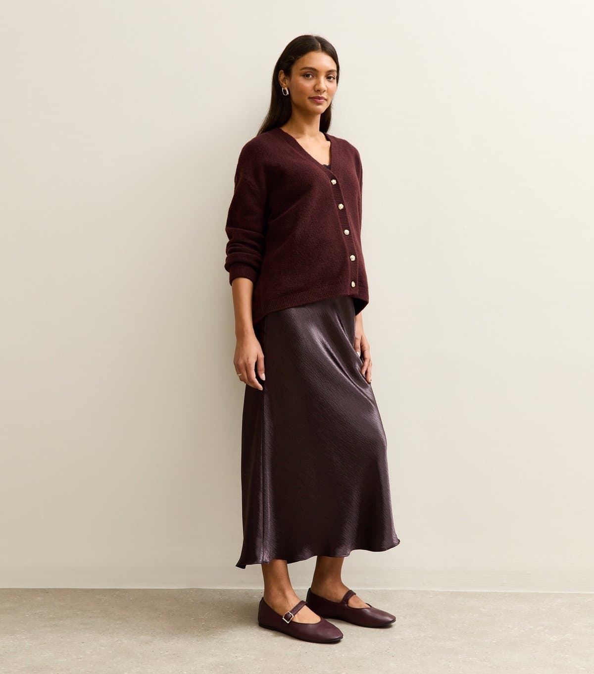 New Look New Look Burgundy Satin Midi Skirt for Maternity