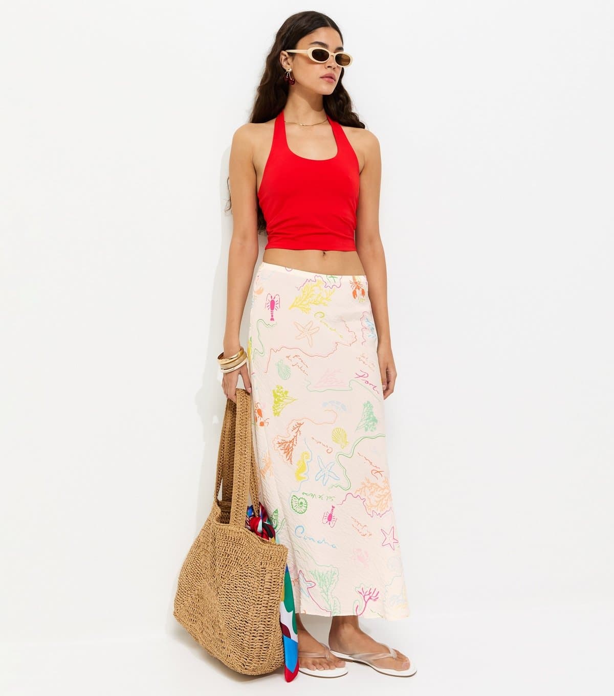 New Look Women's Multicoloured Ocean Print Bias Cut Midi Skirt New Look