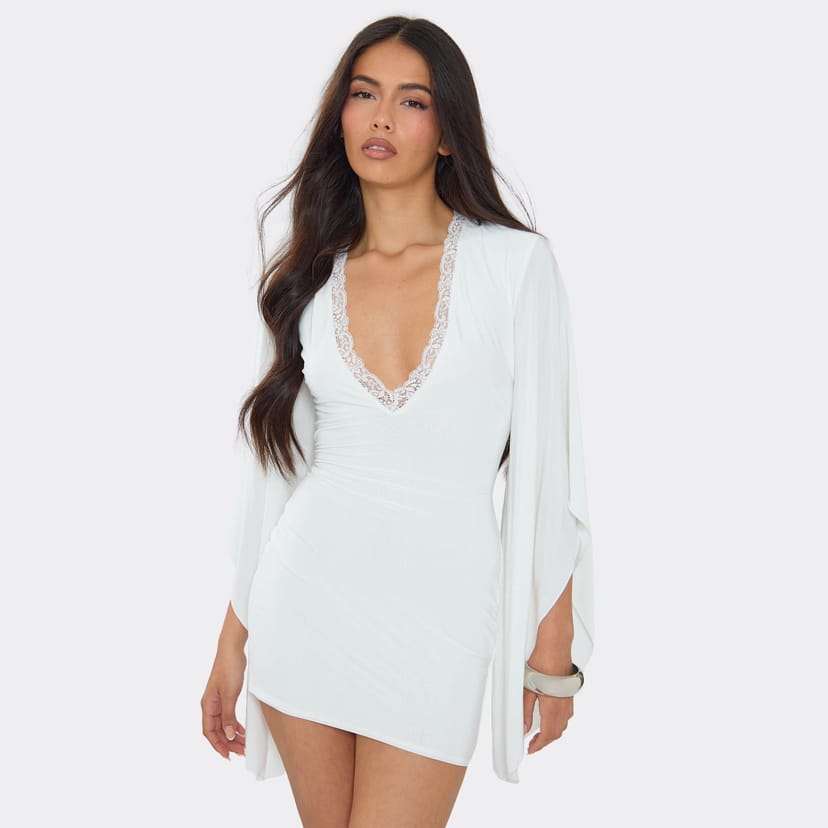 EGO Flare Sleeve Plunge Lace Trim Mini Dress In White, Women's Size UK 6 - 1