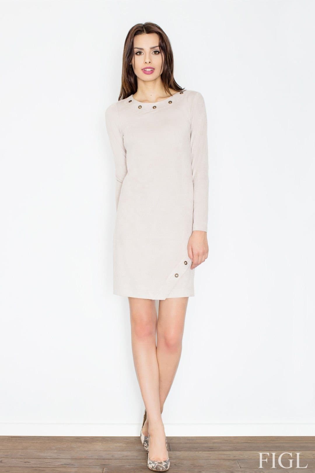 Love Lace Love Lace Women's Long Sleeve Suede Touch Mini Dress with Rings in Beige