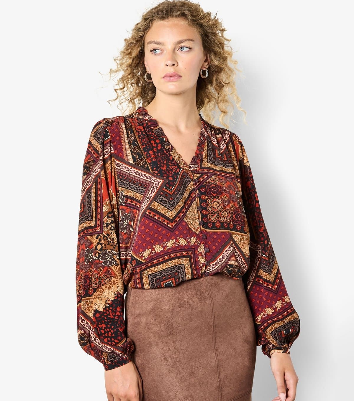 Apricot Women's Burgundy Patchwork Ruffle Blouse Apricot New Look