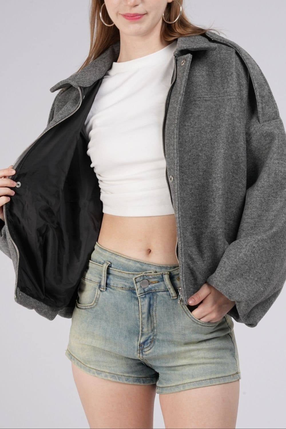 OUTTA BOX Women's Casual Wool-Feel Aviator Jacket in Grey