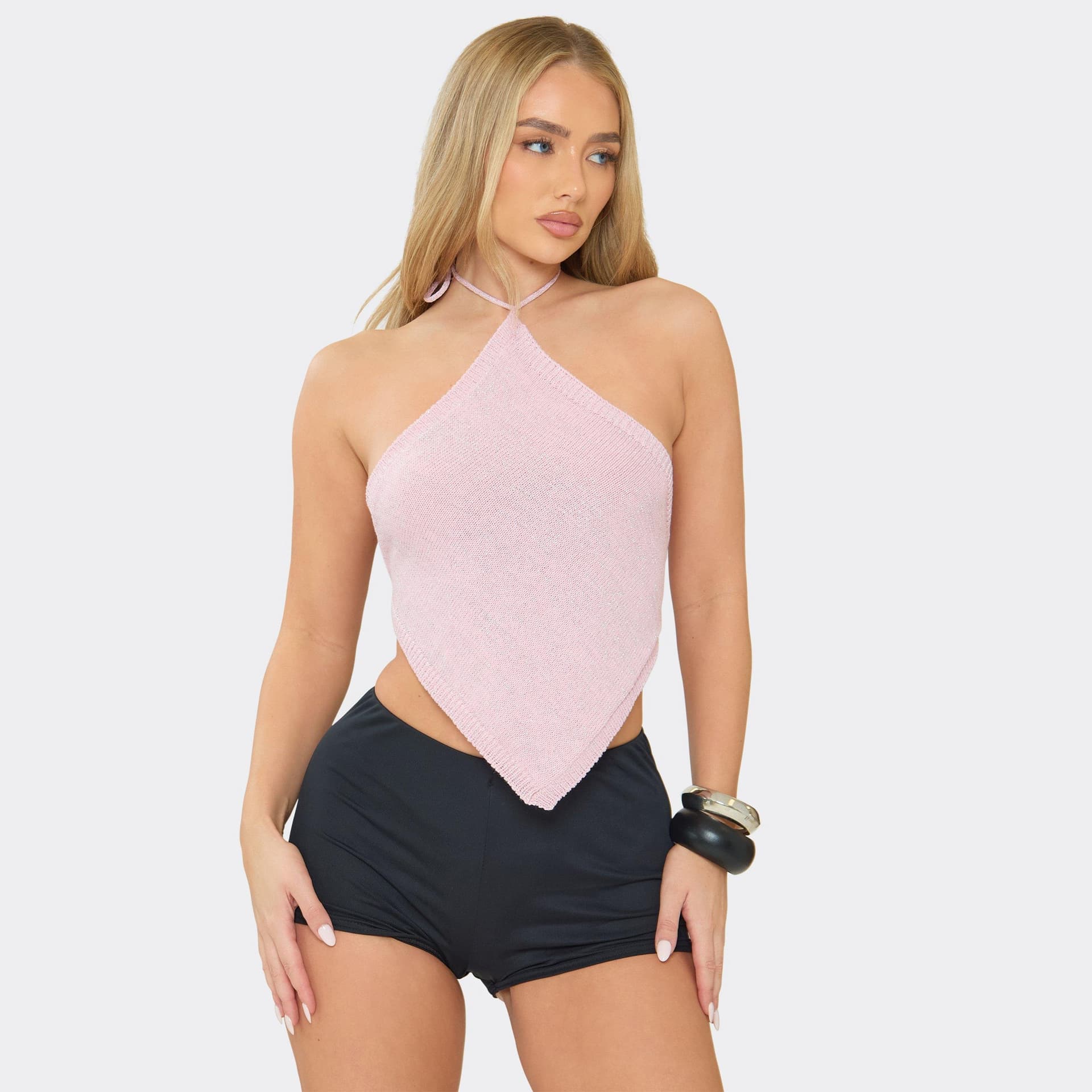 EGO Halterneck Pointed Hem Top In Pink Glitter, Women's Size UK L