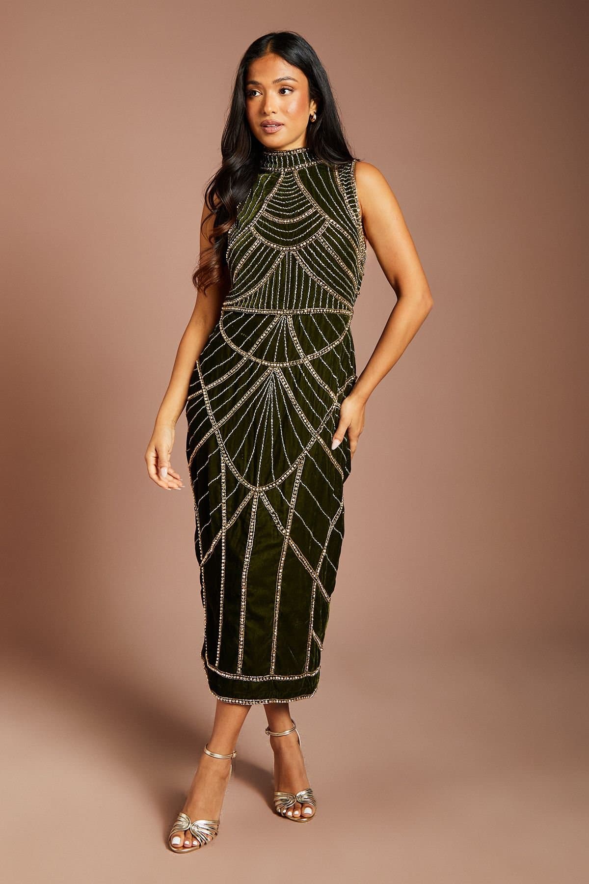 Coast Coast Women's Petite Velvet Sleeveless Embellished Midi Dress in Olive