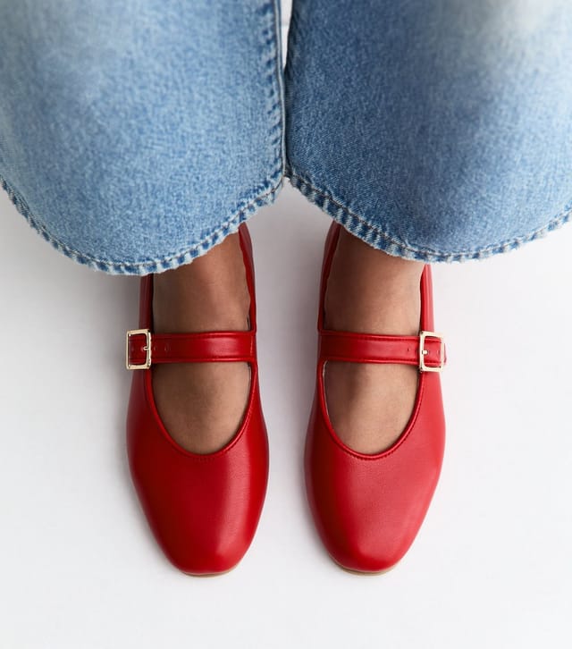 New Look Women's Bright Red Faux Leather Mary Jane Ballet Pumps Vegan New Look - 2