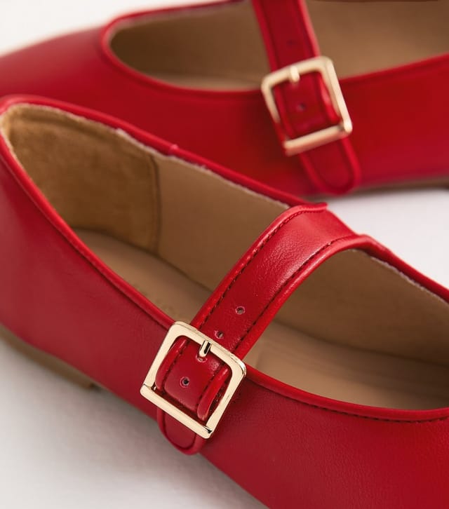 New Look Women's Bright Red Faux Leather Mary Jane Ballet Pumps Vegan New Look - 3