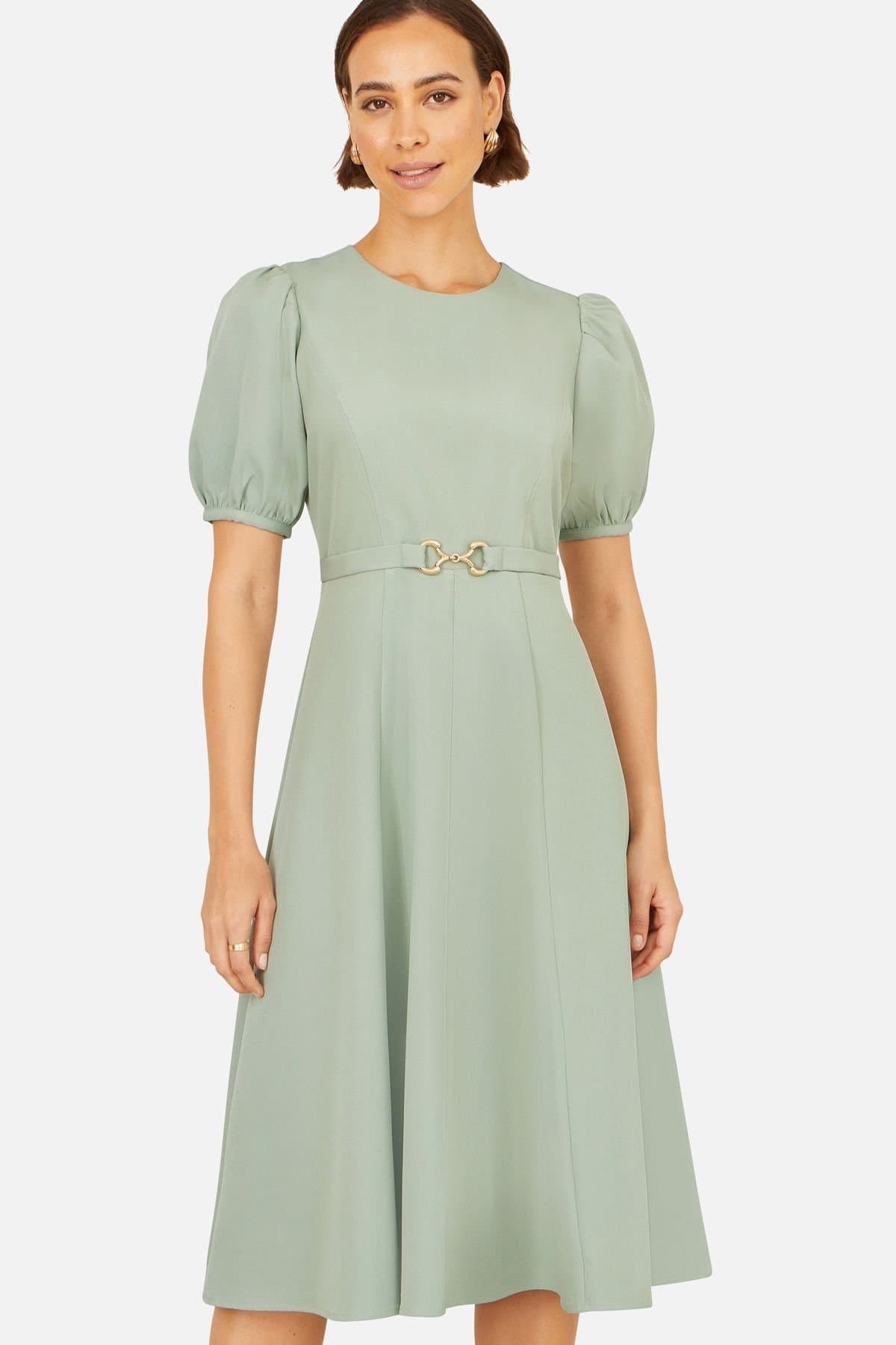 Yumi Yumi Women's Skater Dress With Puff Sleeves & Buckle Detail in Pale Green