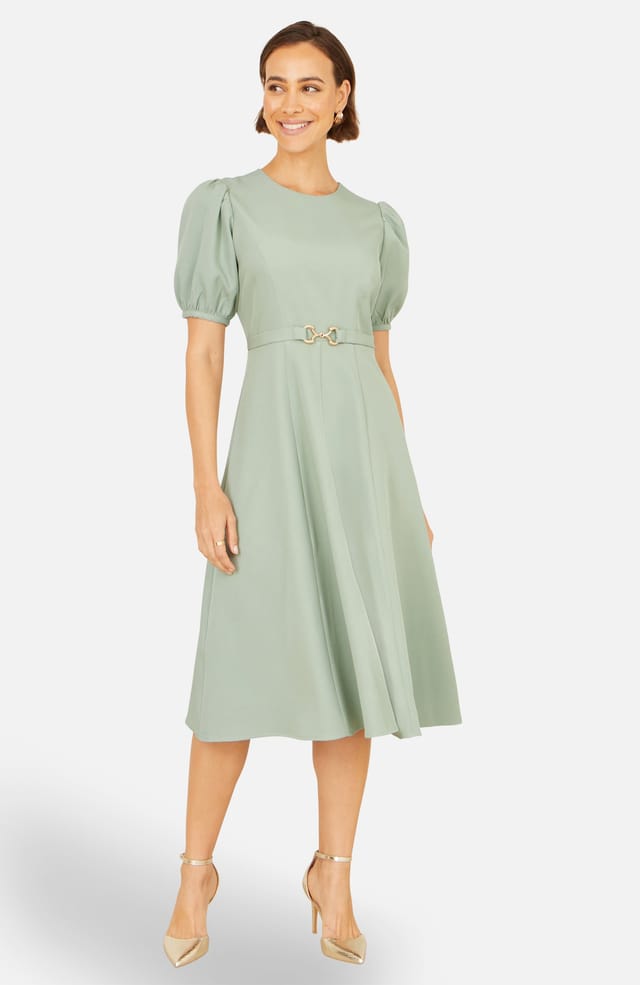 Yumi Yumi Women's Skater Dress With Puff Sleeves & Buckle Detail in Pale Green - 2